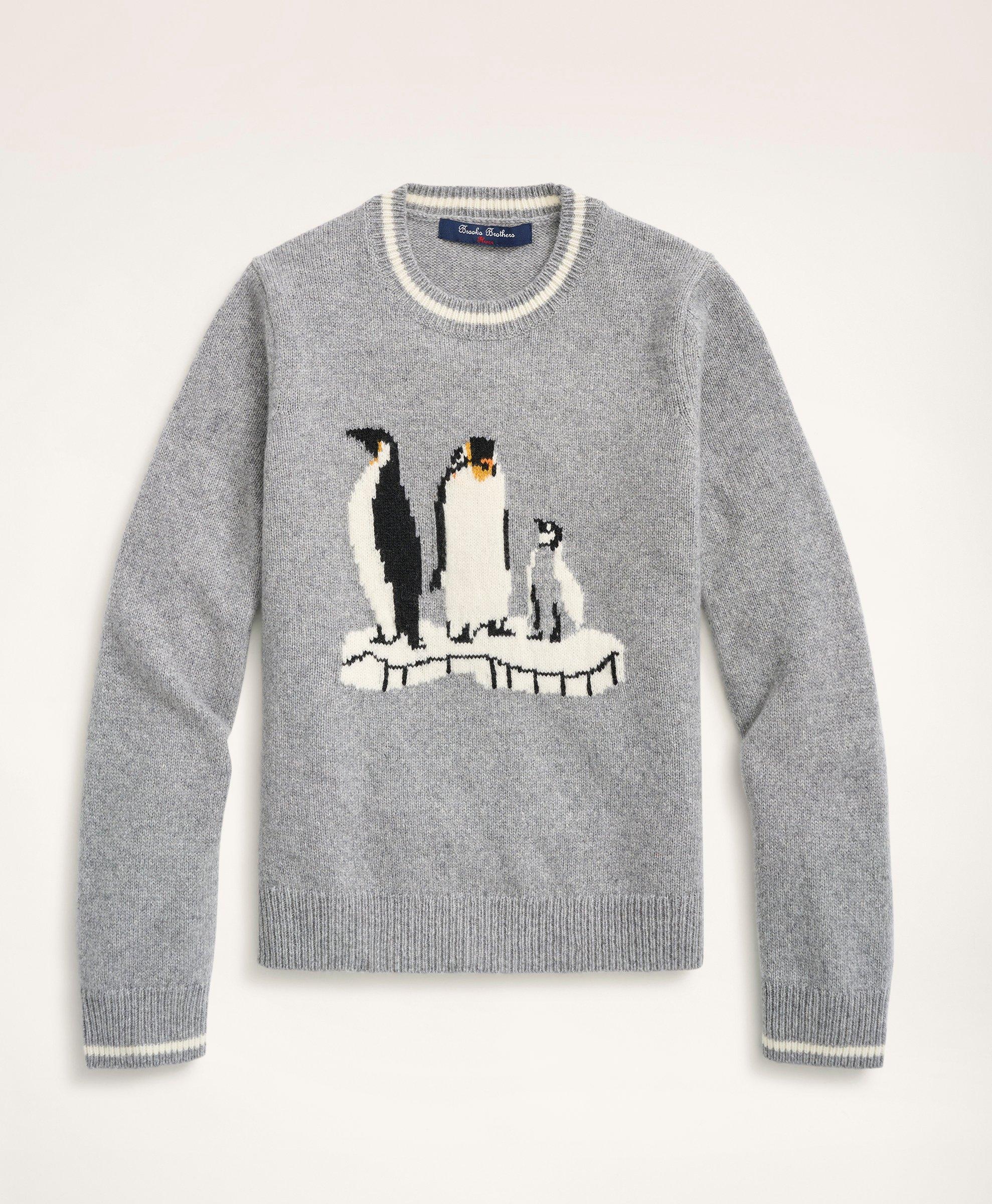 Boys Merino Wool Blend Penguin Intarsia Sweater, image 1