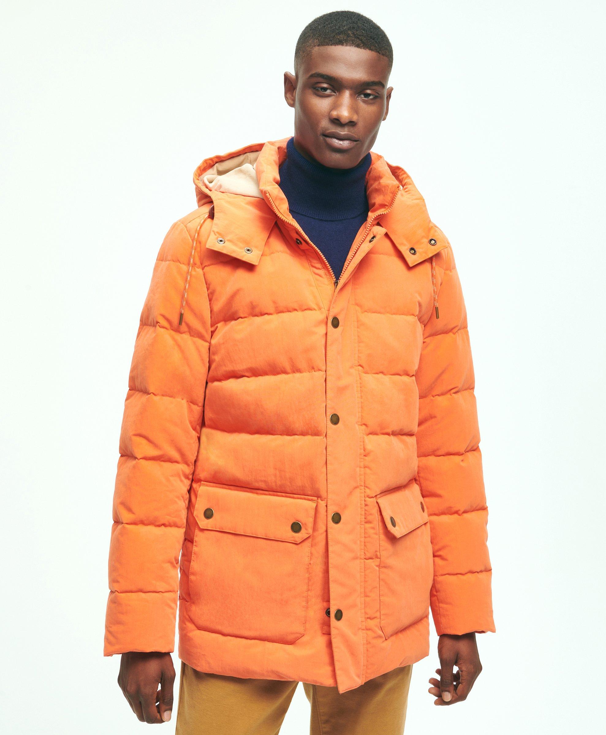 Orange hooded puffer discount jacket