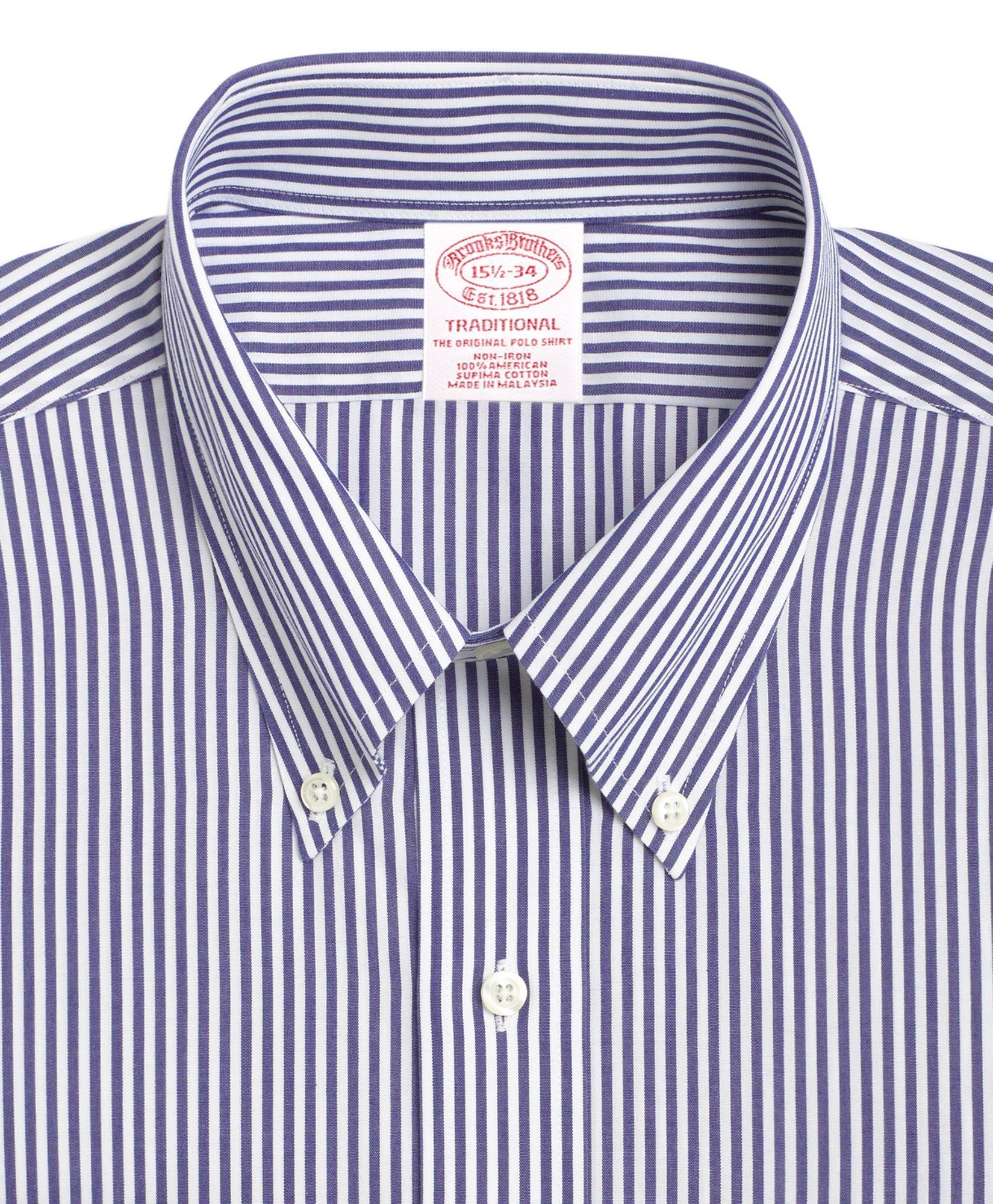 Brooks Brothers Men's Traditional Extra-Relaxed-Fit Dress Shirt, Non-Iron Bengal Stripe | Blue/White | Size 14½ 33