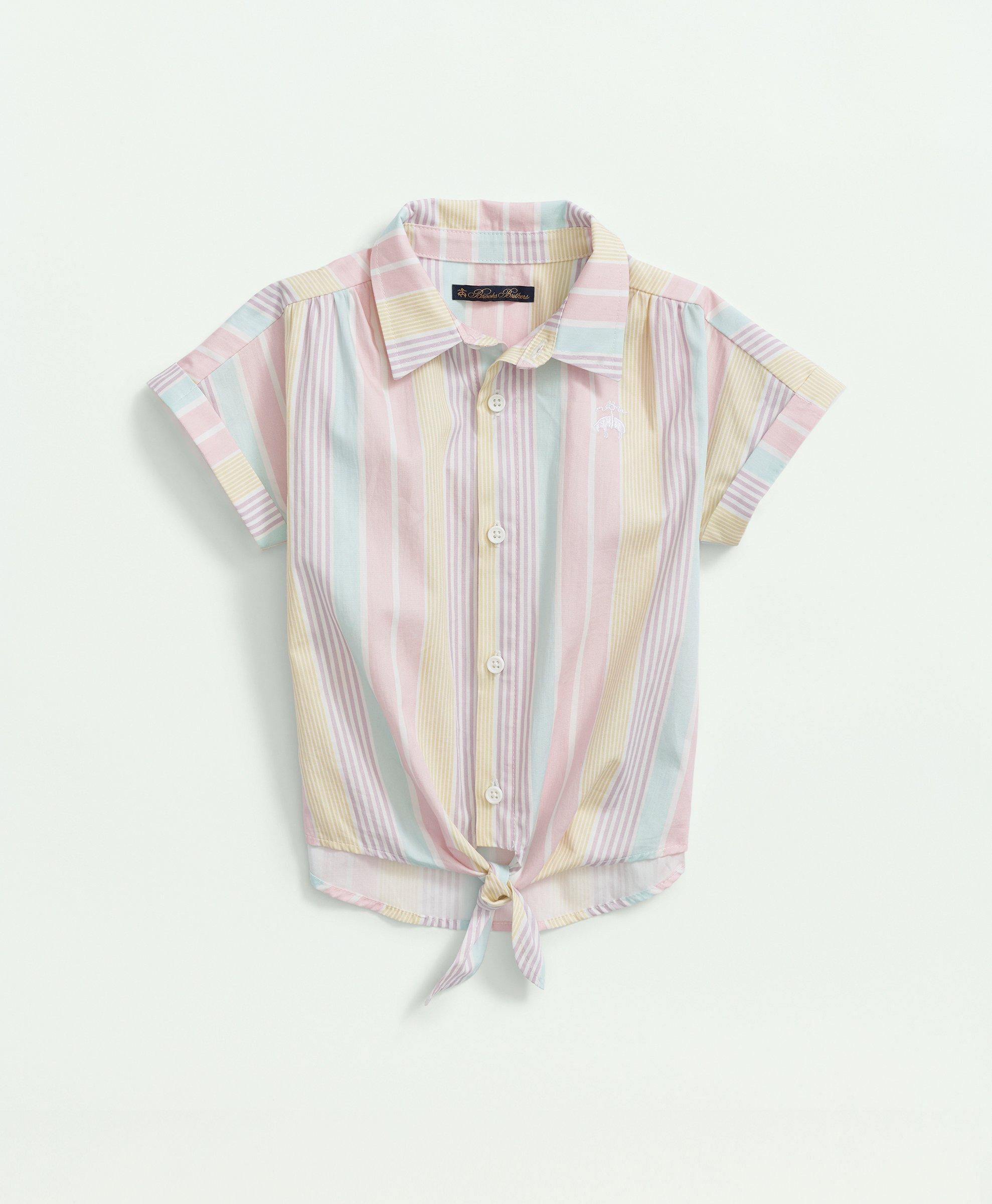 Girls Cotton Tie Front Short Sleeve Striped Shirt, image 1