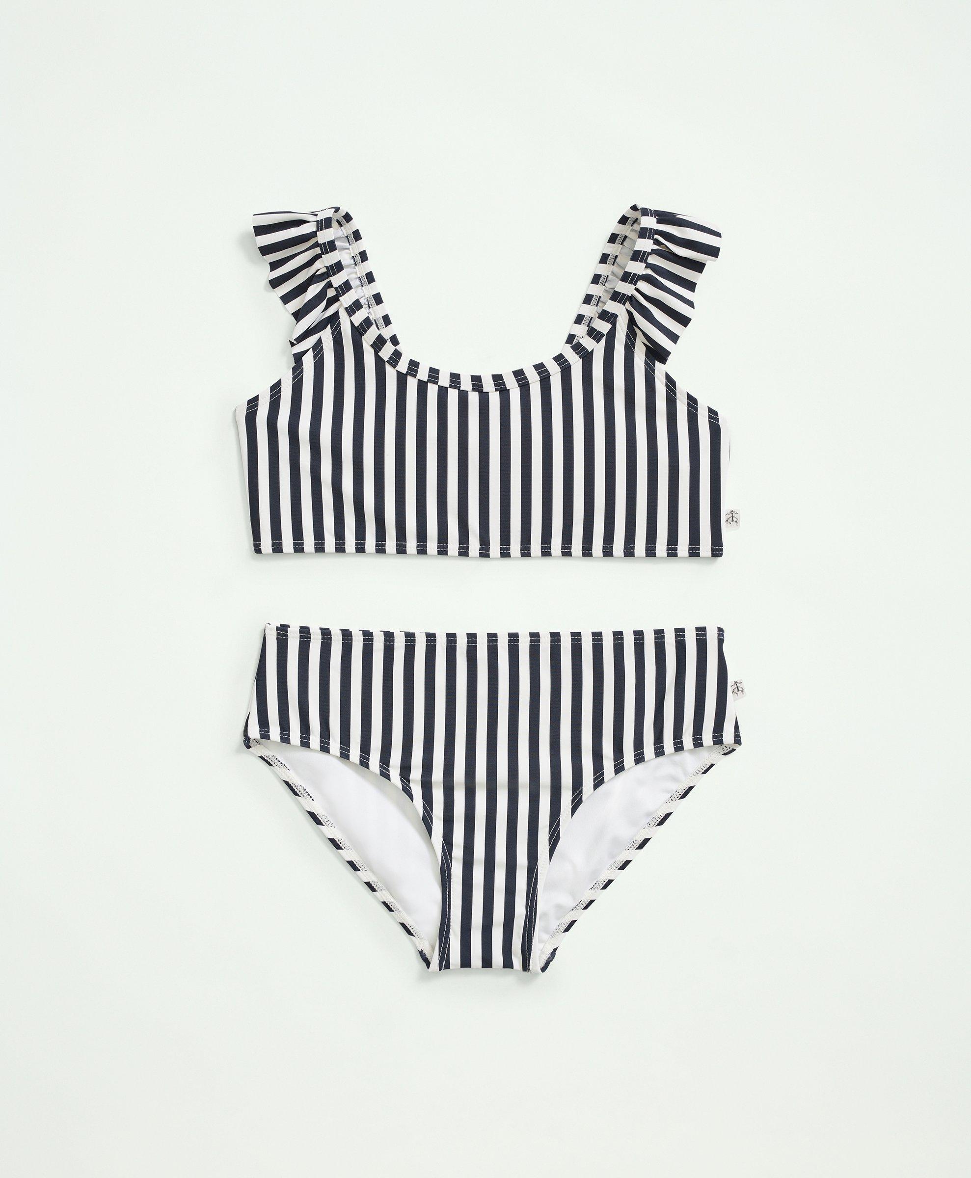 Girls Striped Ruffled 2 Piece Swimsuit