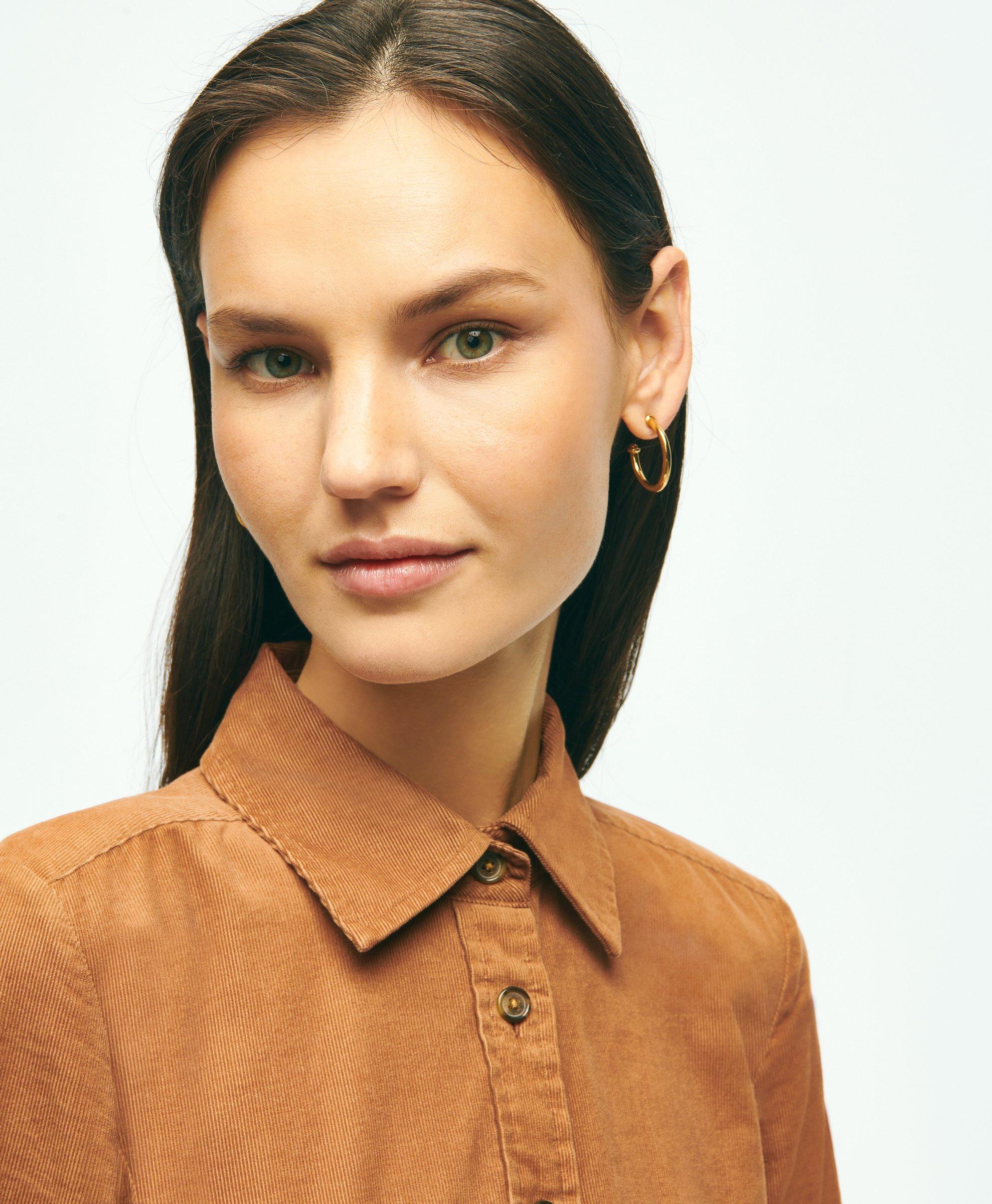 Solid Frill Trim Belted Corduroy Shirt Dress