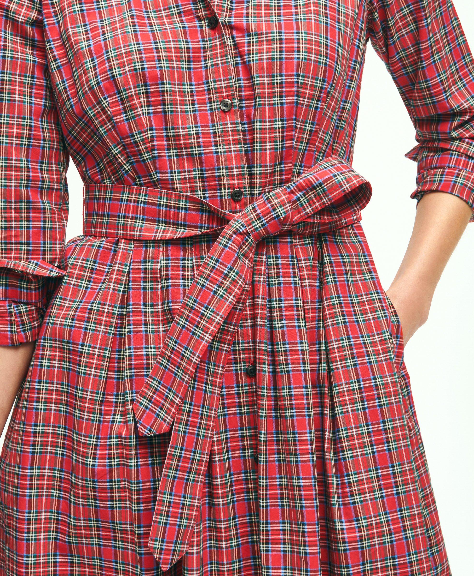 Cotton A-Line Plaid Shirt Dress