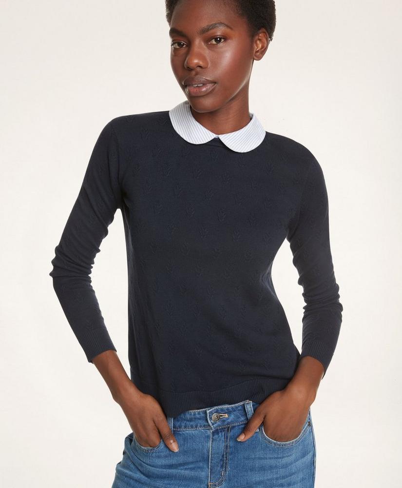 Cotton Striped Removable Collar Leaf-Stitched Sweater, image 1