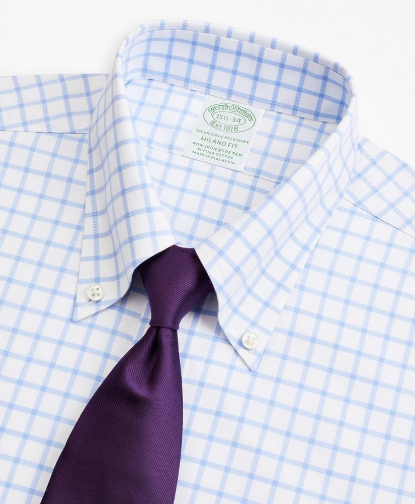 Stretch Milano Slim-Fit Dress Shirt, Non-Iron Twill Button-Down Collar Grid Check, image 2