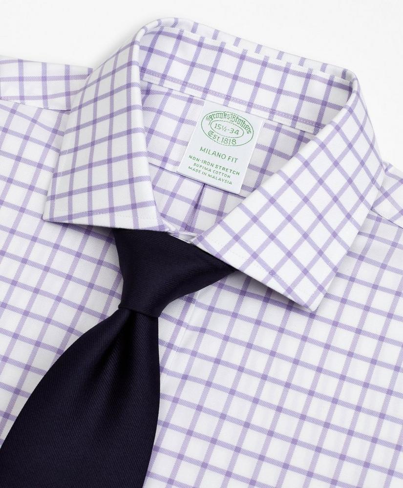 Stretch Milano Slim-Fit Dress Shirt, Non-Iron Twill English Collar Grid Check, image 2
