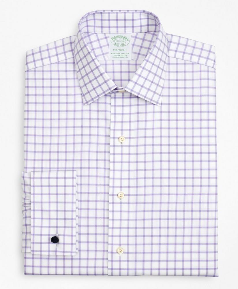 Stretch Milano Slim-Fit Dress Shirt, Non-Iron Twill Ainsley Collar French Cuff Grid Check, image 4