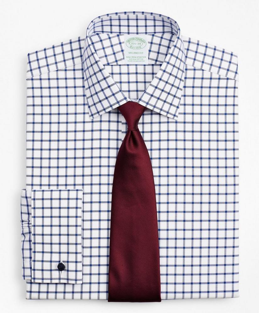 Stretch Milano Slim-Fit Dress Shirt, Non-Iron Twill Ainsley Collar French Cuff Grid Check, image 1
