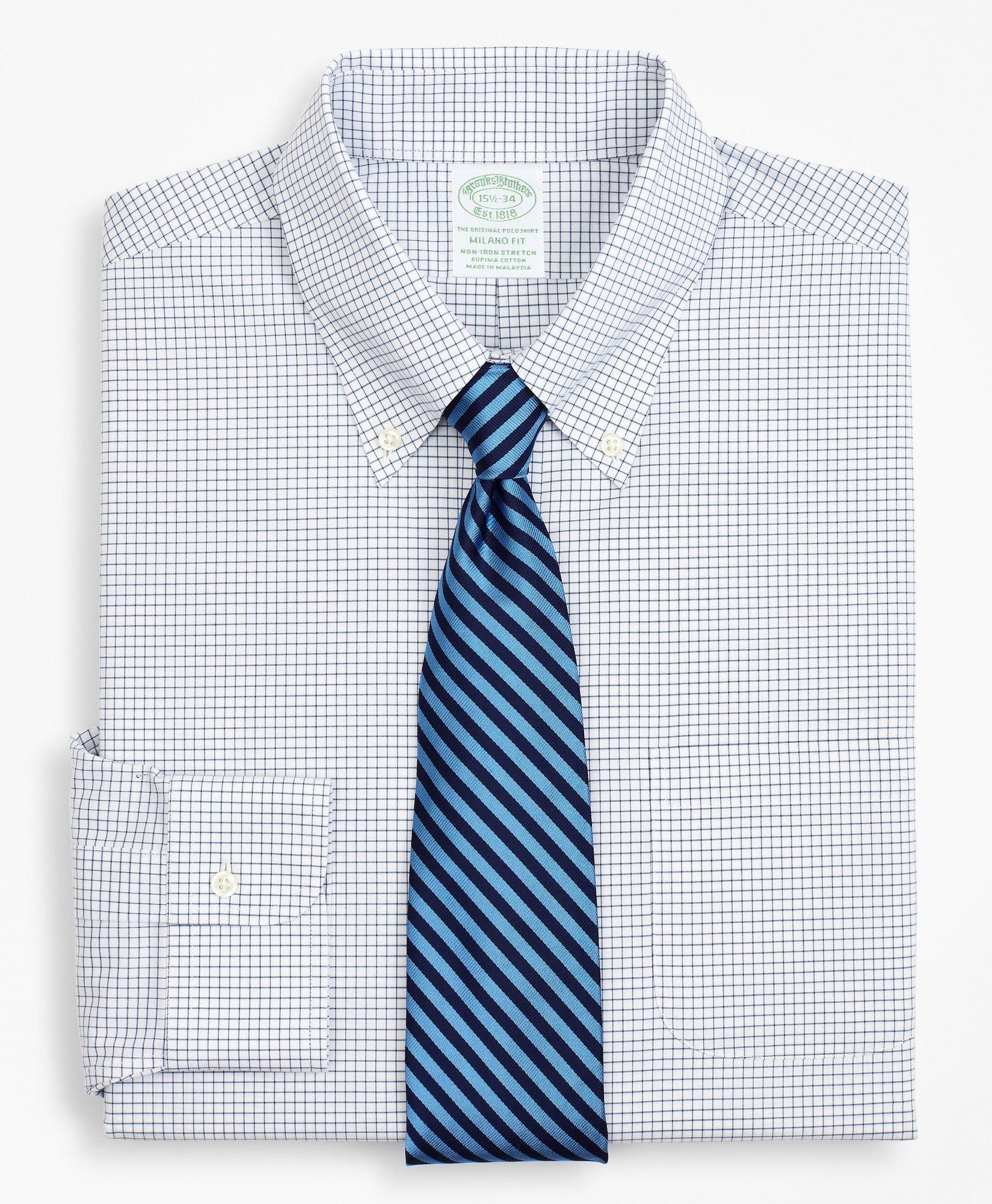 Stretch Milano Slim-Fit Dress Shirt, Non-Iron Poplin Button-Down Collar Small Grid Check, image 1