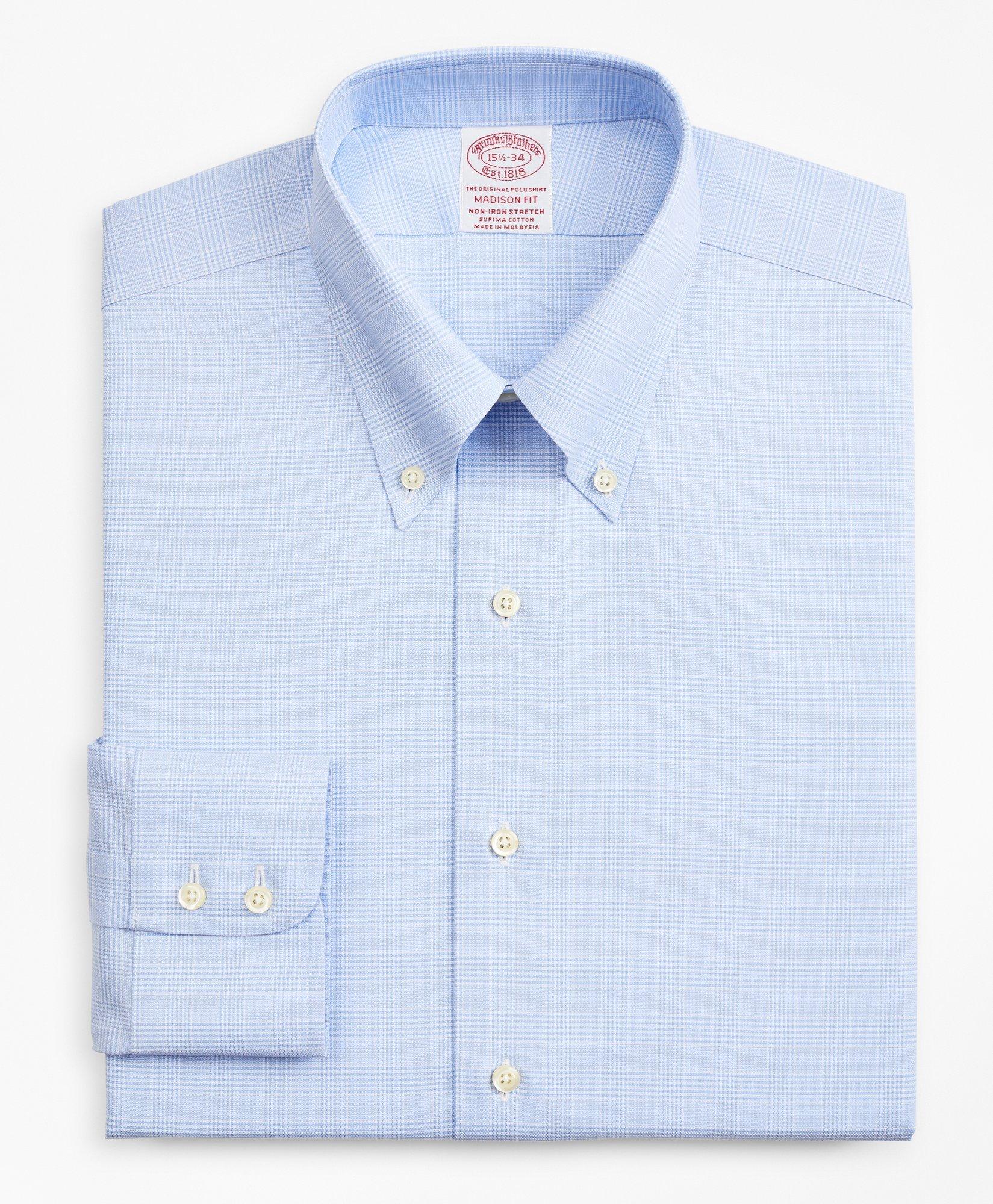 Stretch Madison Relaxed-Fit Dress Shirt, Non-Iron Royal Oxford Button-Down  Collar Glen Plaid