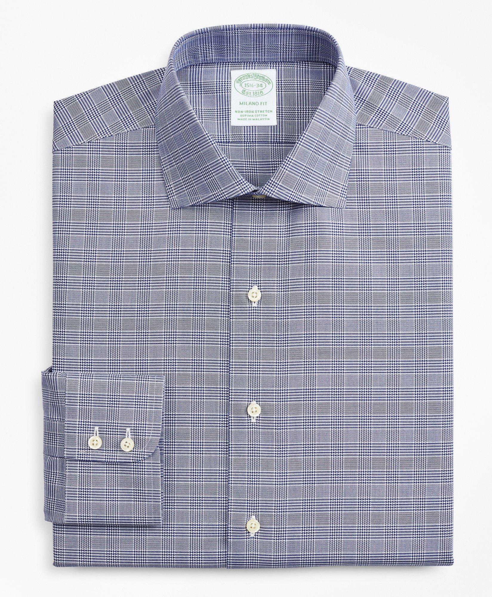 Stretch Milano Slim-Fit Dress Shirt, Non-Iron Royal Oxford English Collar Glen Plaid, image 4