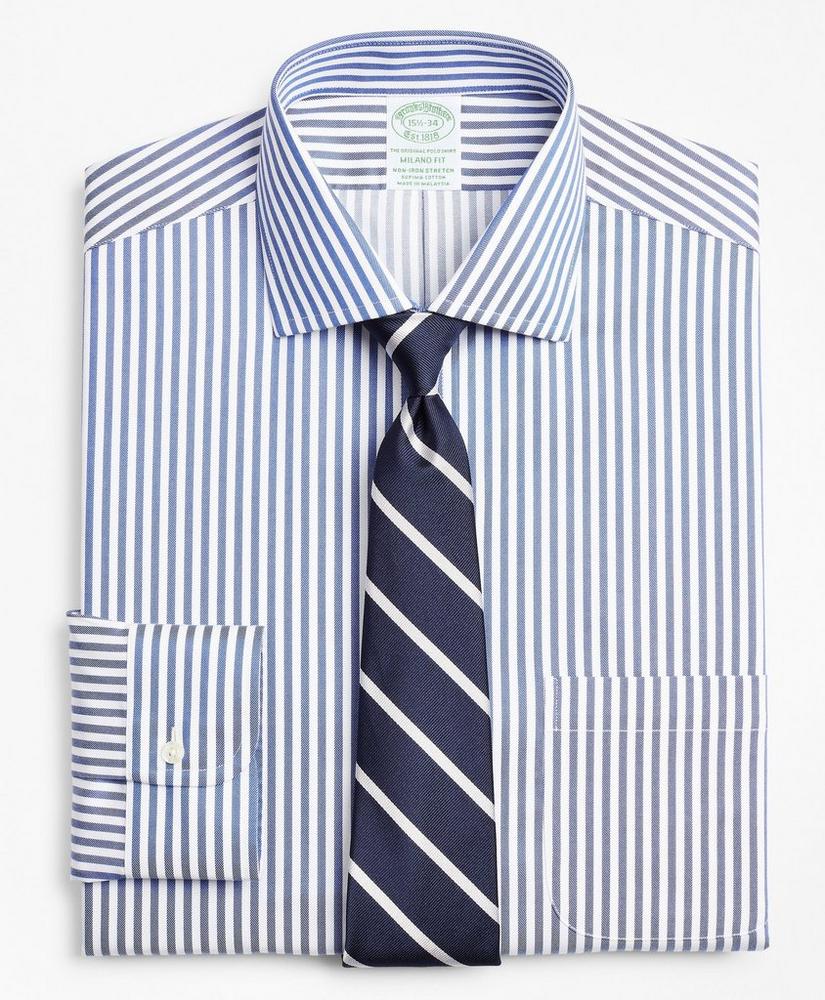 Stretch Milano Slim-Fit Dress Shirt, Non-Iron Twill English Collar Bold Stripe, image 1
