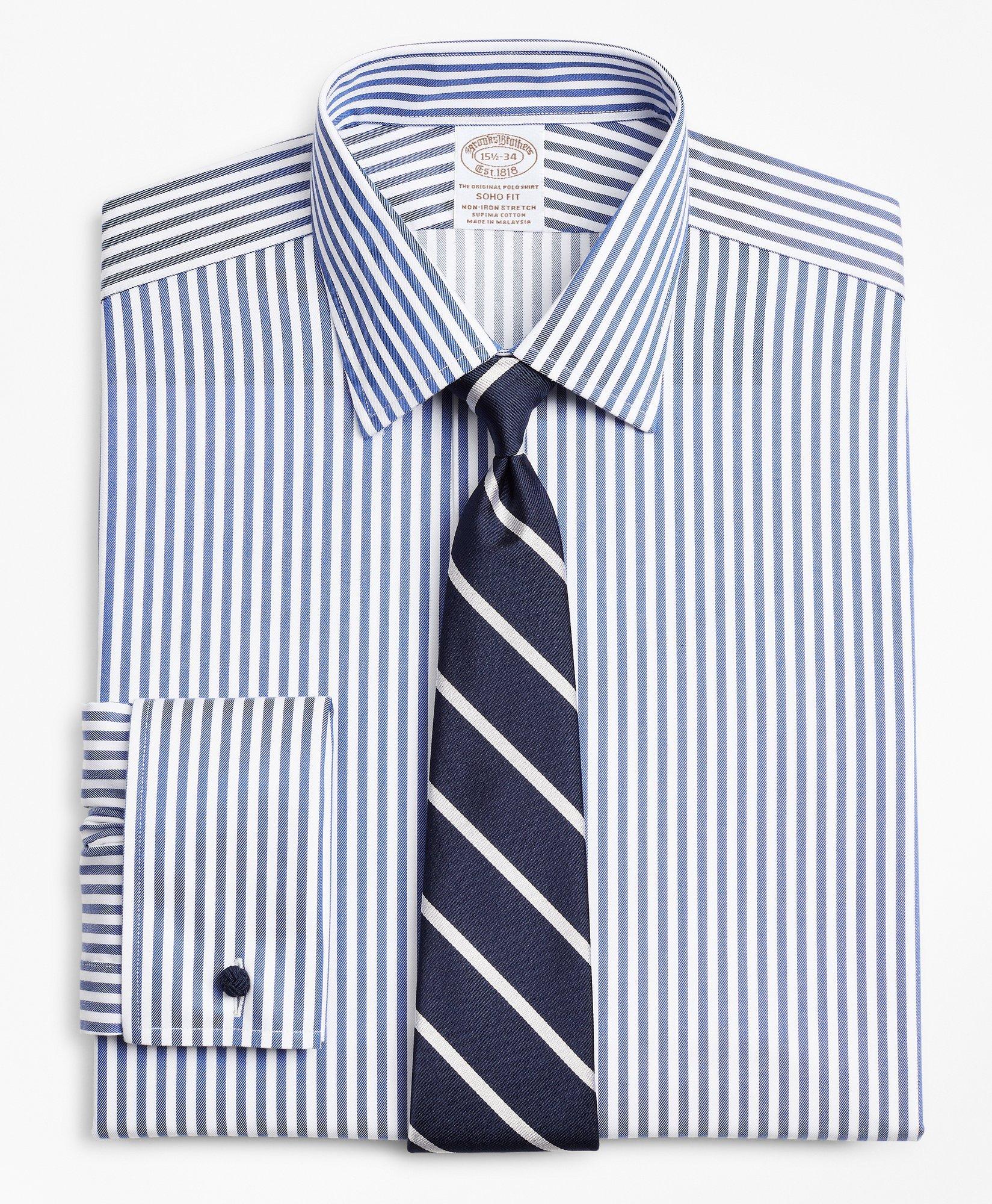 Blue White Stripe Classic Fit Non-Iron Formal Shirt With White Collar &  Cuffs - Double Cuff