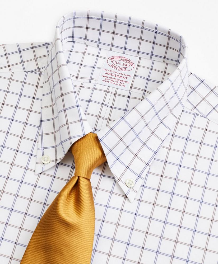 Stretch Madison Relaxed-Fit Dress Shirt, Non-Iron Poplin Button-Down Collar Double-Grid Check, image 2