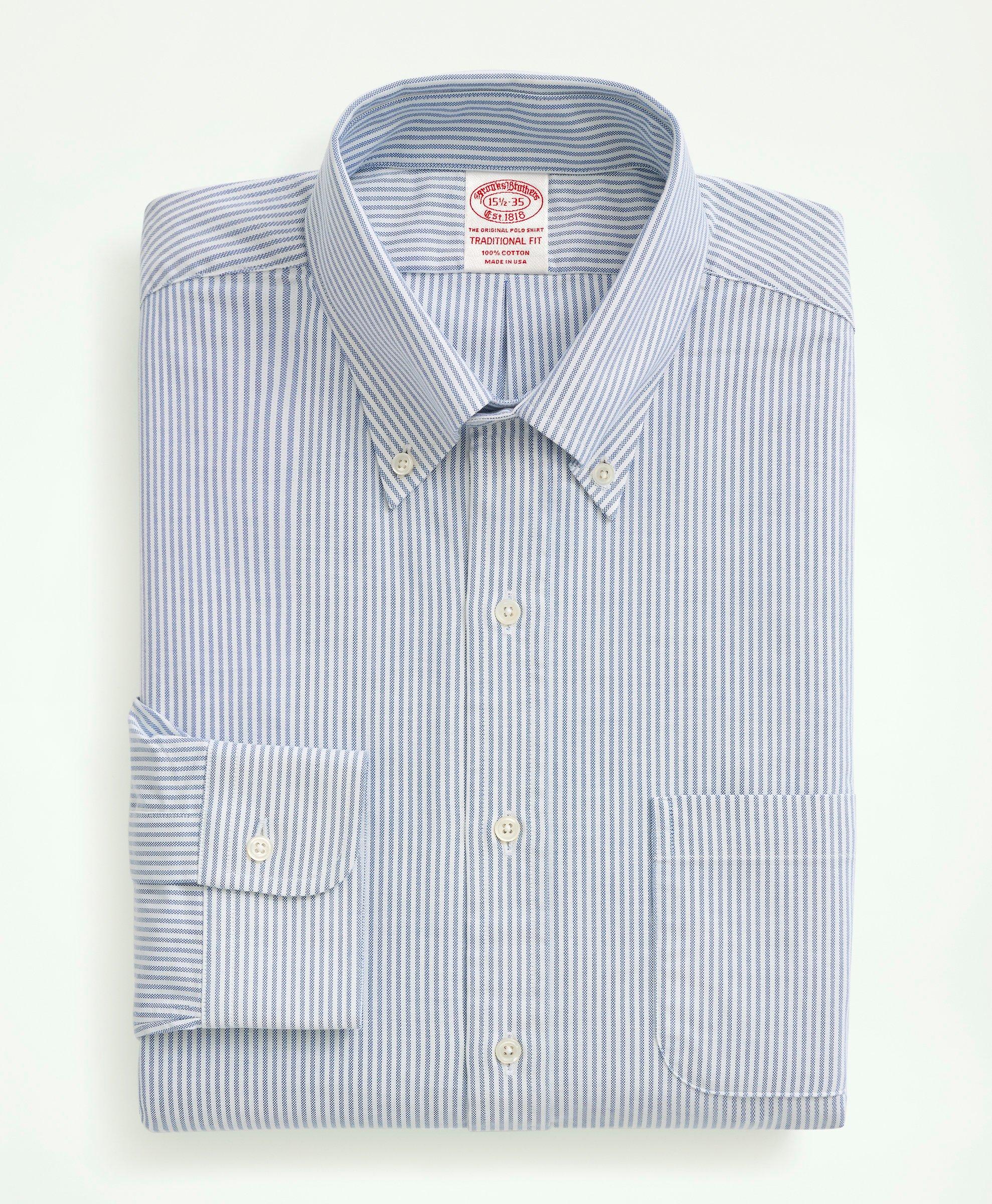 Brooks Brothers X MagnaReady Stretch Long Sleeve Blue and White Stripe Polo  Button-Down Collar with Magnetic Closures