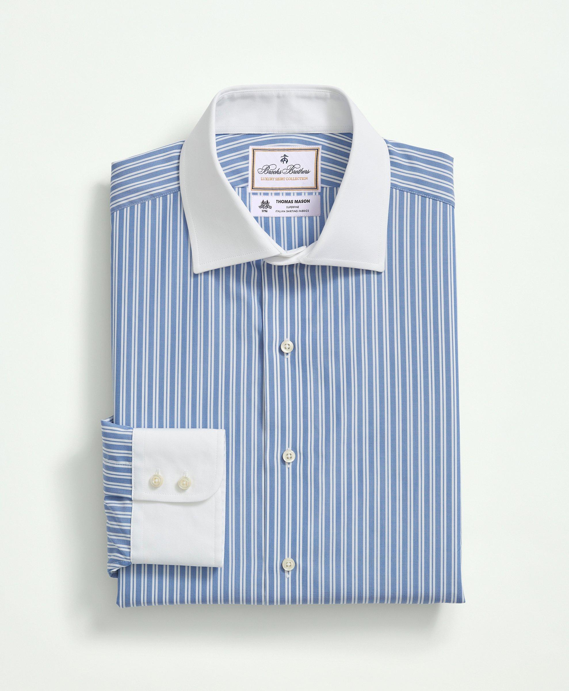 White and light blue striped pure cotton tailored shirt