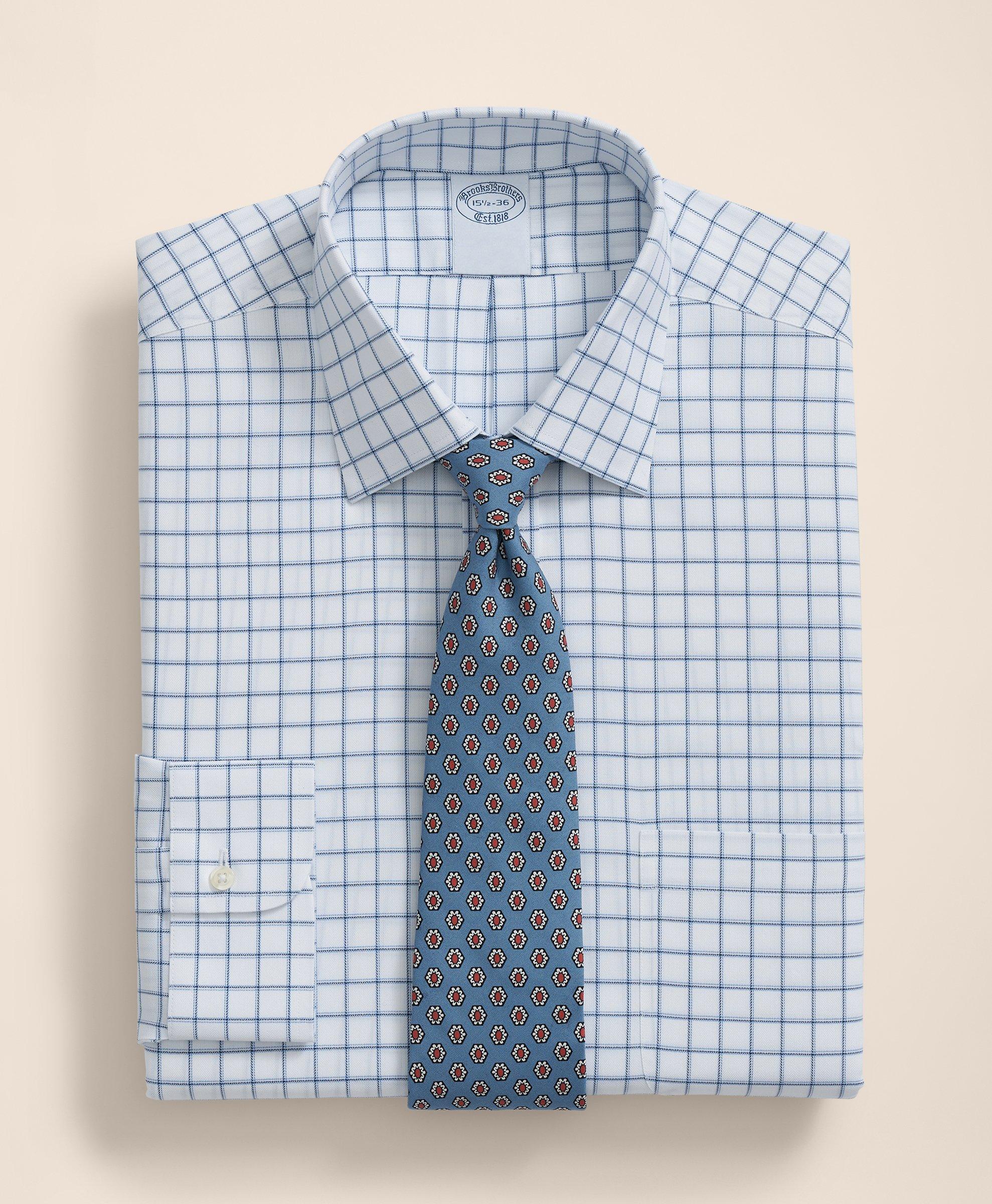 Brooks Brothers Explorer Collection Non-iron Twill Ainsley Collar, Windowpane Dress Shirt In Blue