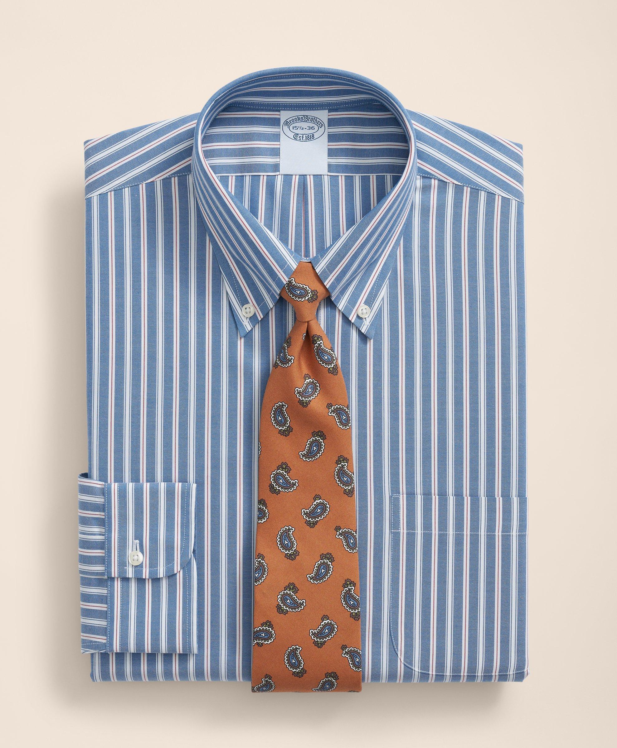 Brooks Brothers Stretch Supima Cotton Non-iron Pinpoint Oxford Polo Button Down Collar, Track Stripe Dress Shirt In Bright Blue