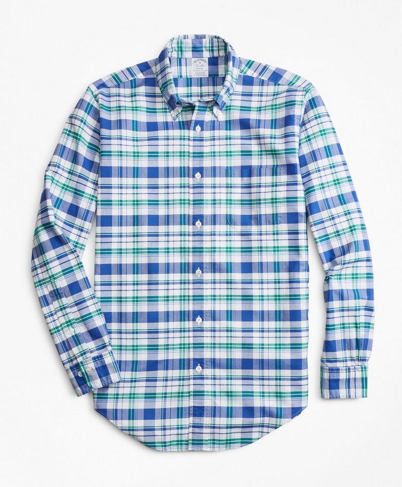 Regent Regular-Fit Oxford Blue and Green Plaid Sport Shirt, image 1