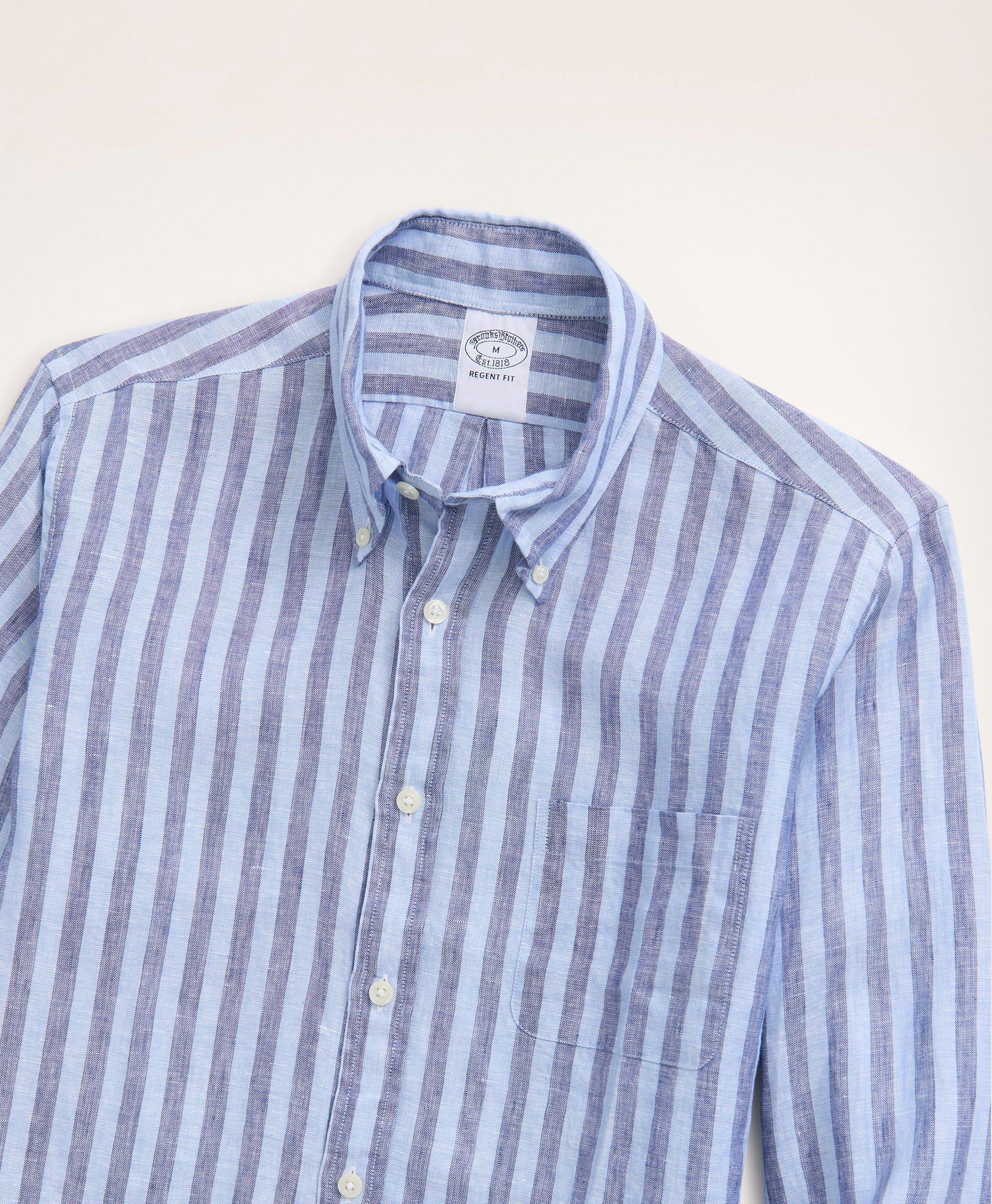 Brooks Brothers Men's Regent Regular-Fit Sport Shirt, Irish Linen Wide Stripe | blue/navy | Size Xs