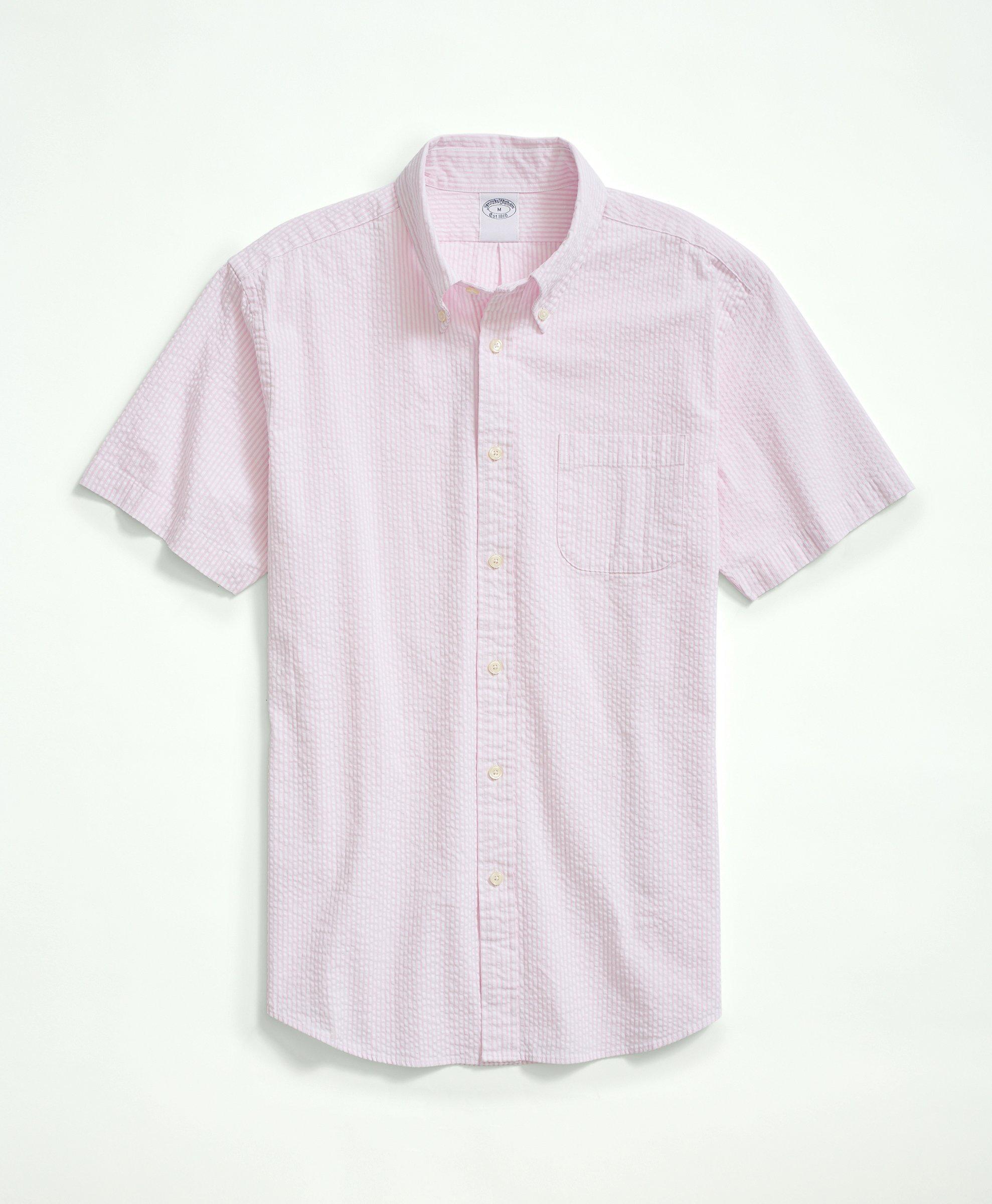 Washed Cotton Seersucker Button-Down Collar, Stripe Short-Sleeve