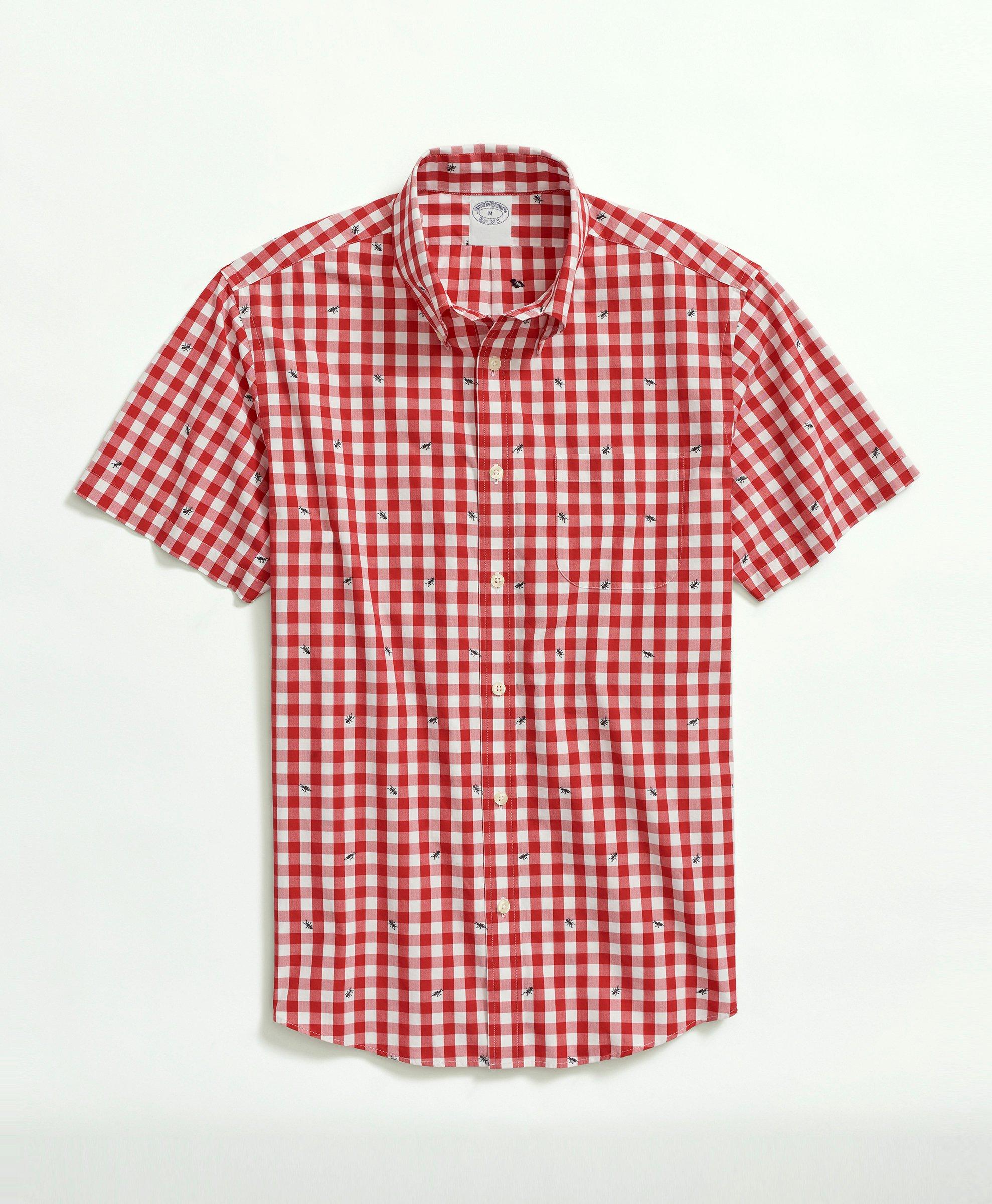 Washed Cotton Poplin Button-Down Collar, Embroidered Gingham Short ...