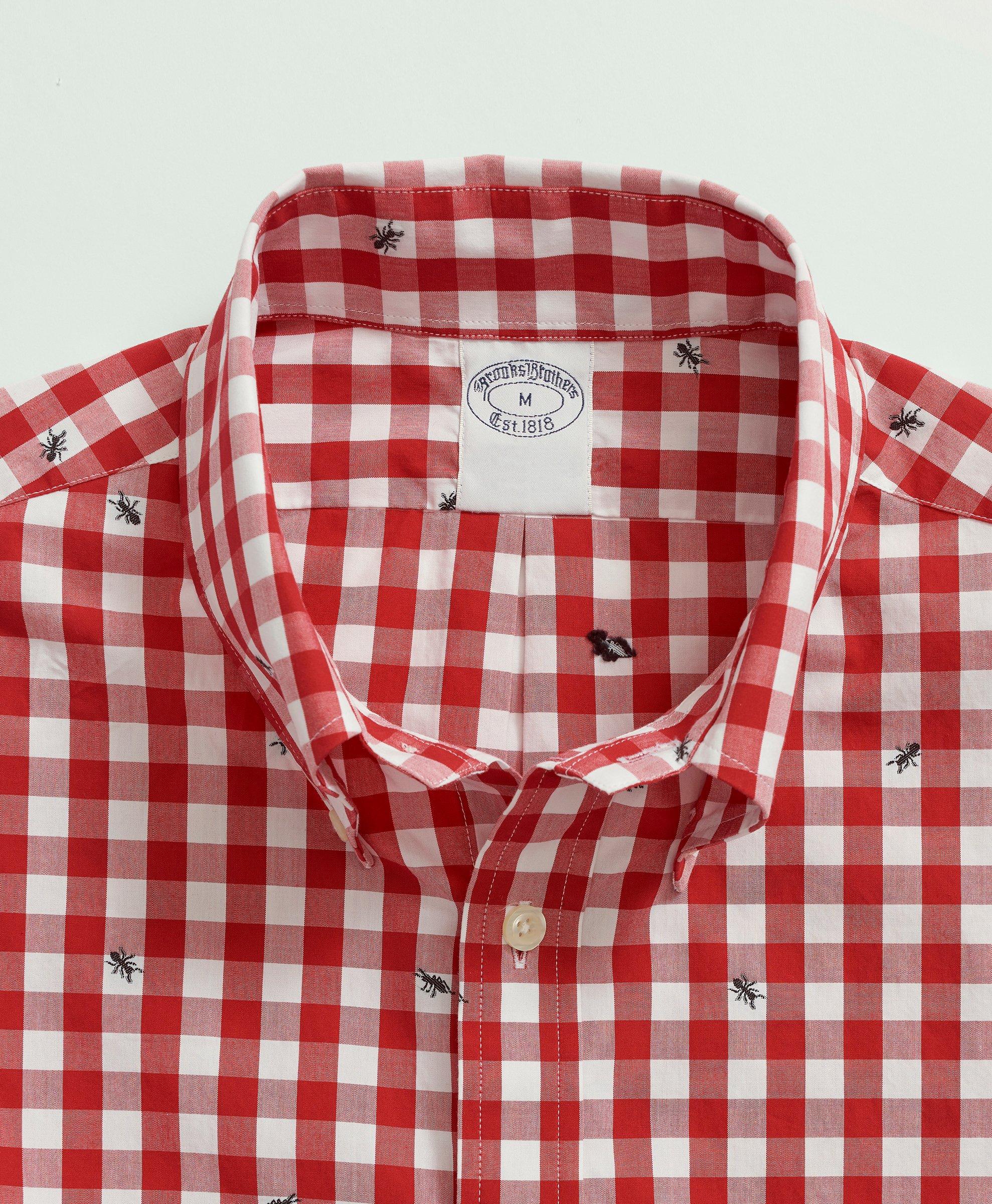 Washed Cotton Poplin Button-Down Collar, Embroidered Gingham Short-Sleeve  Sport Shirt