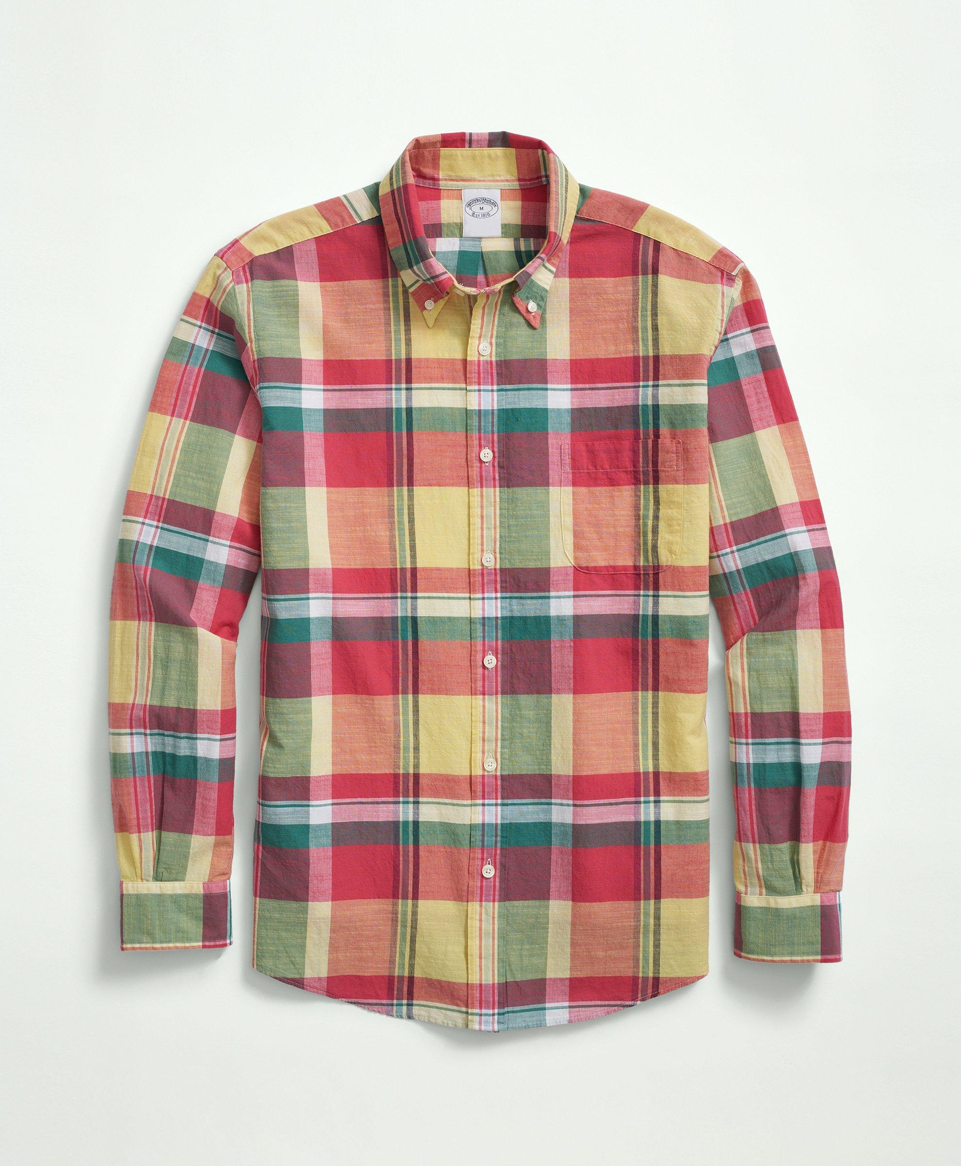 Washed Cotton Madras Button-Down Collar Sport Shirt