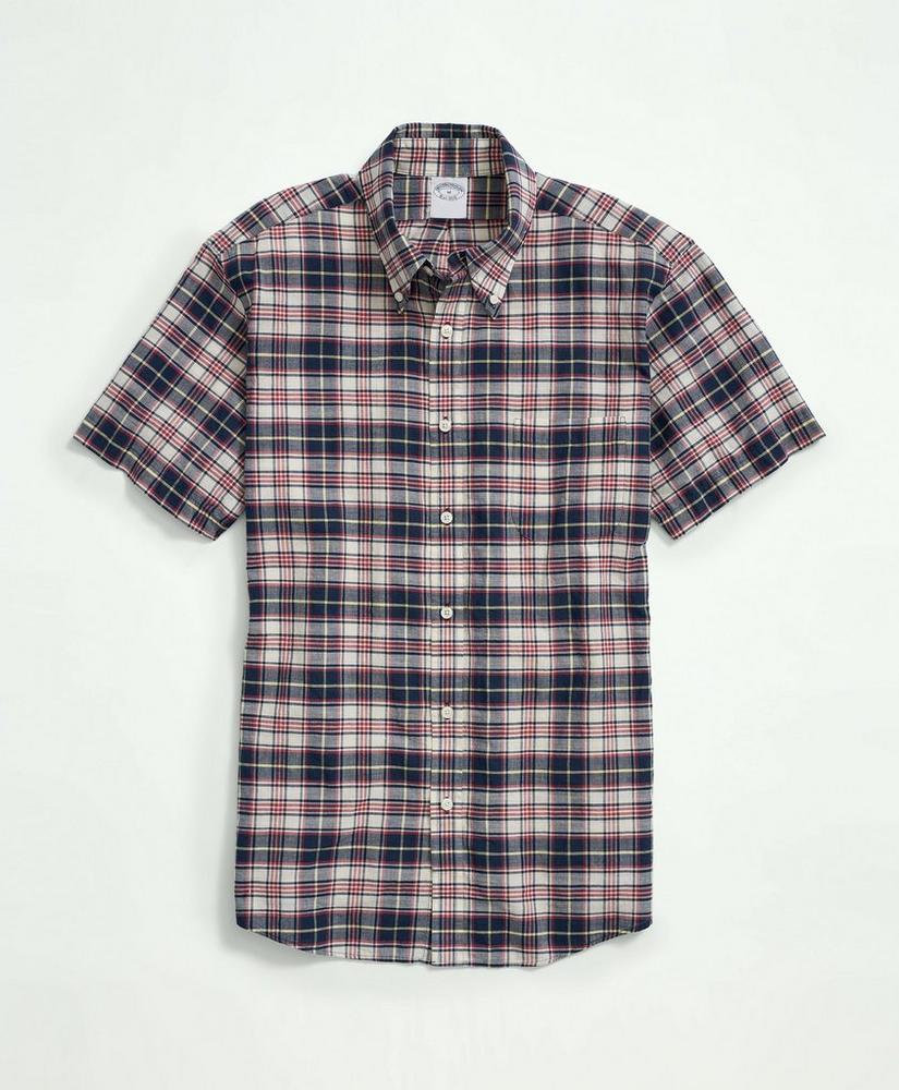 Washed Cotton Madras Button-Down Collar Short-Sleeve Sport Shirt, image 1
