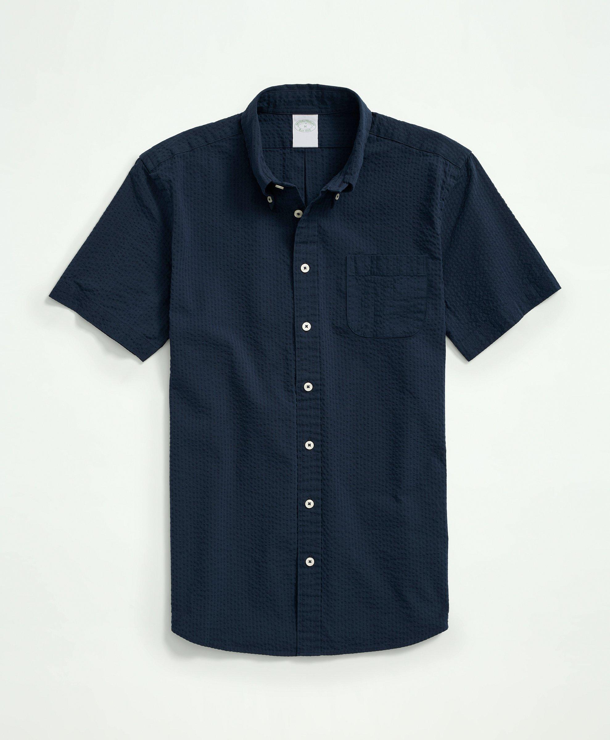 Black Seersucker Shirt: Tall Men Short Sleeve Black Shirt