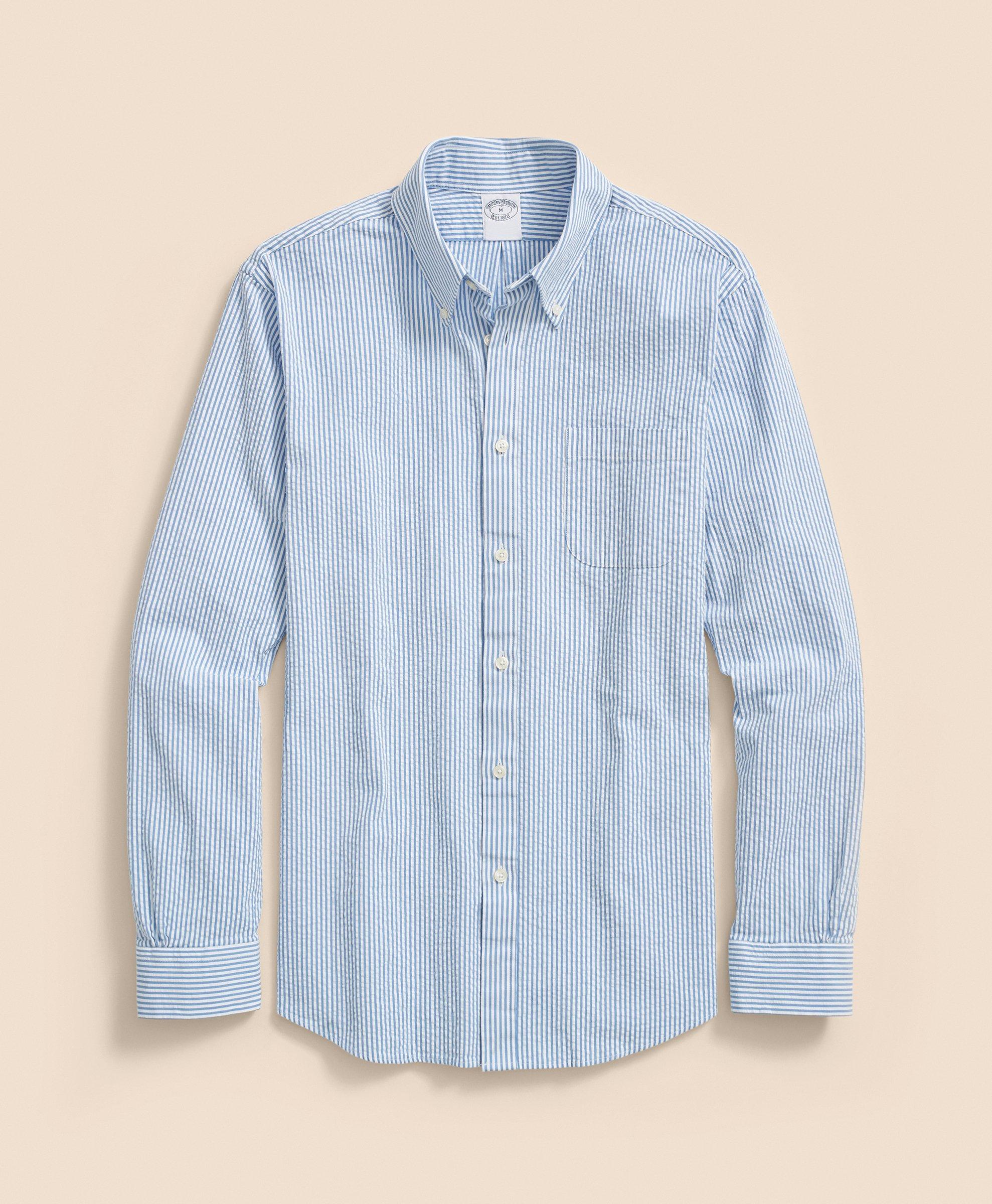 Washed Cotton Seersucker Button-Down Collar, Stripe Sport Shirt