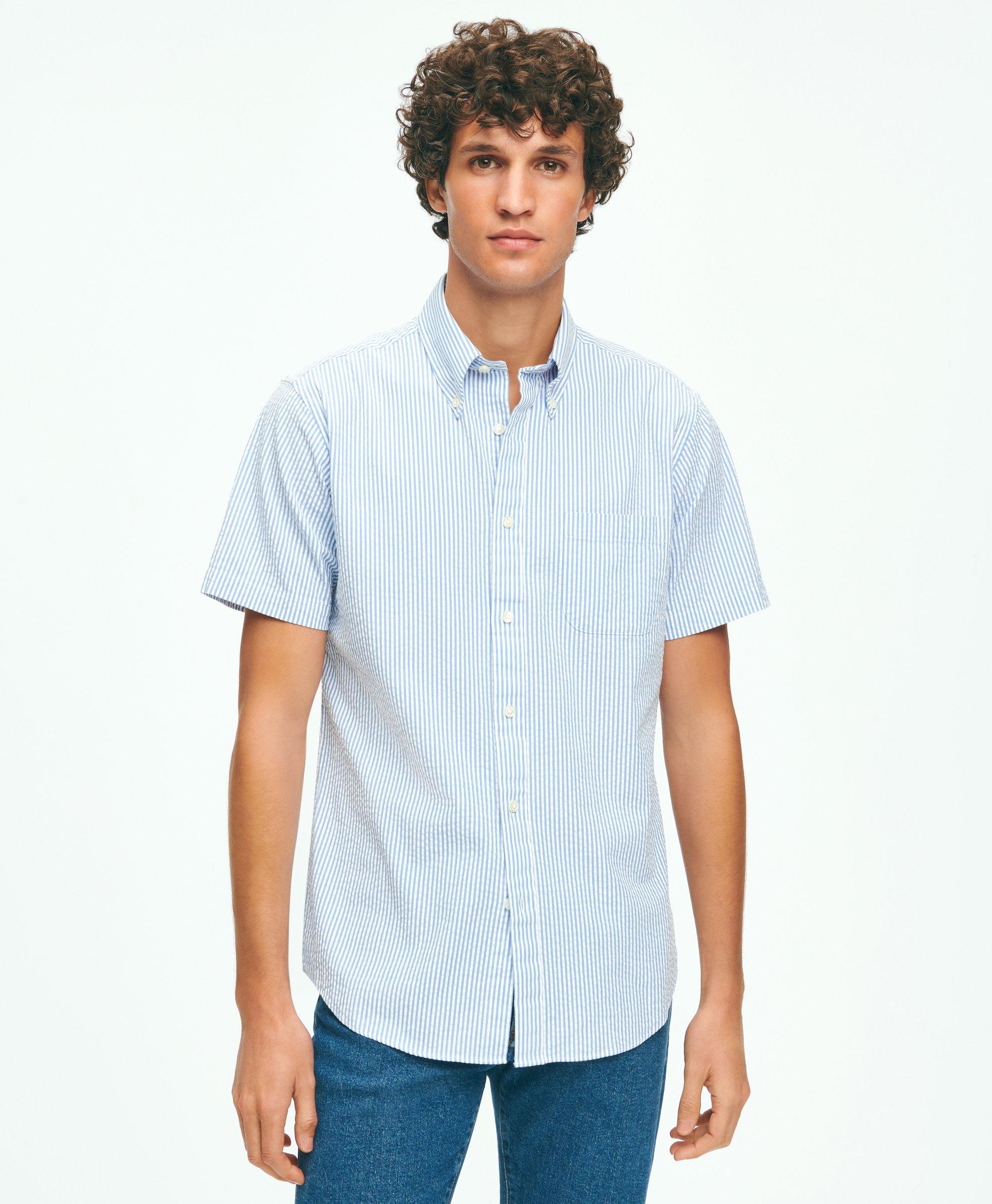 Washed Cotton Seersucker Button-Down Collar, Stripe Short-Sleeve Sport Shirt, image 1