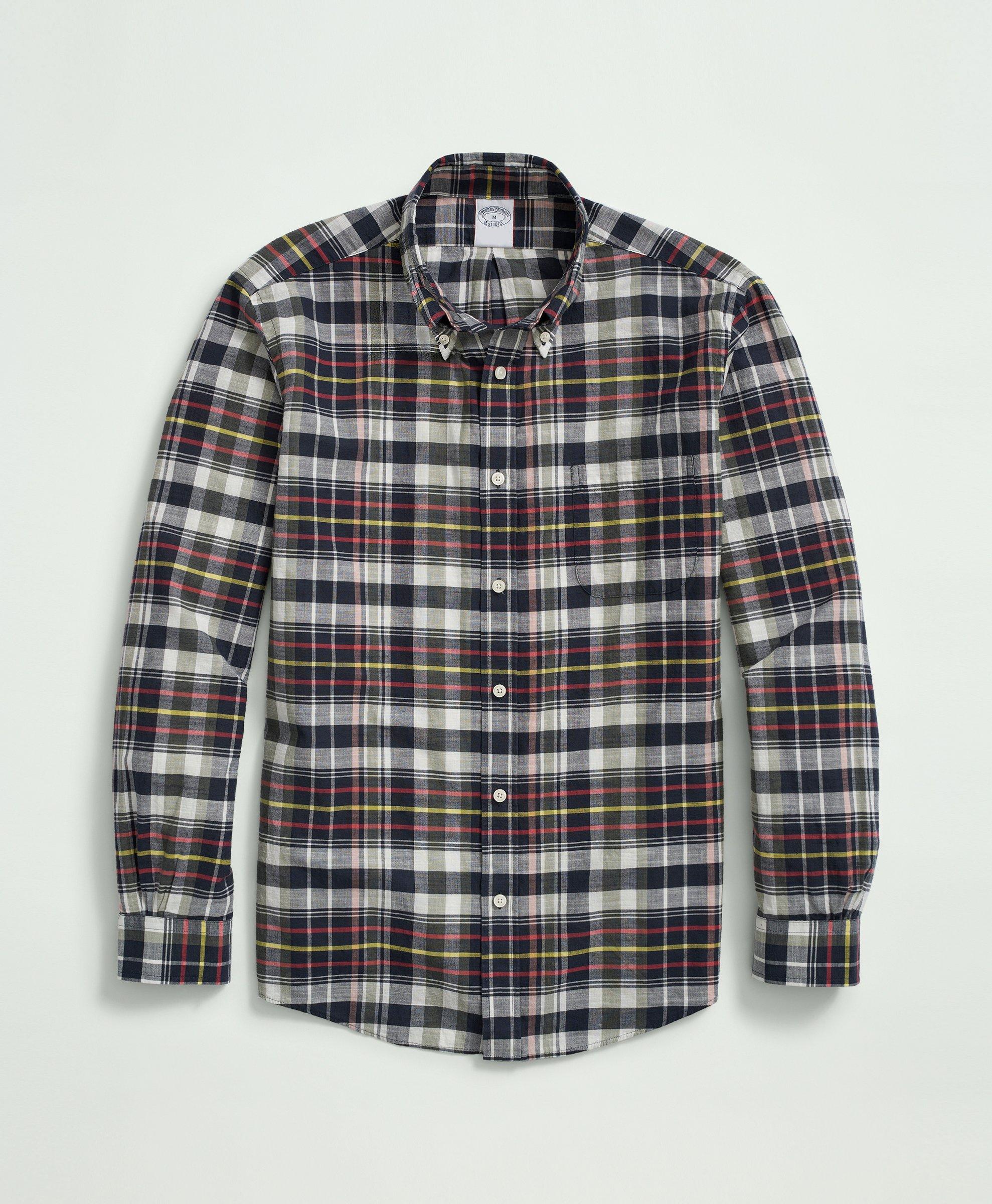 Washed Cotton Madras Button-Down Collar Sport Shirt