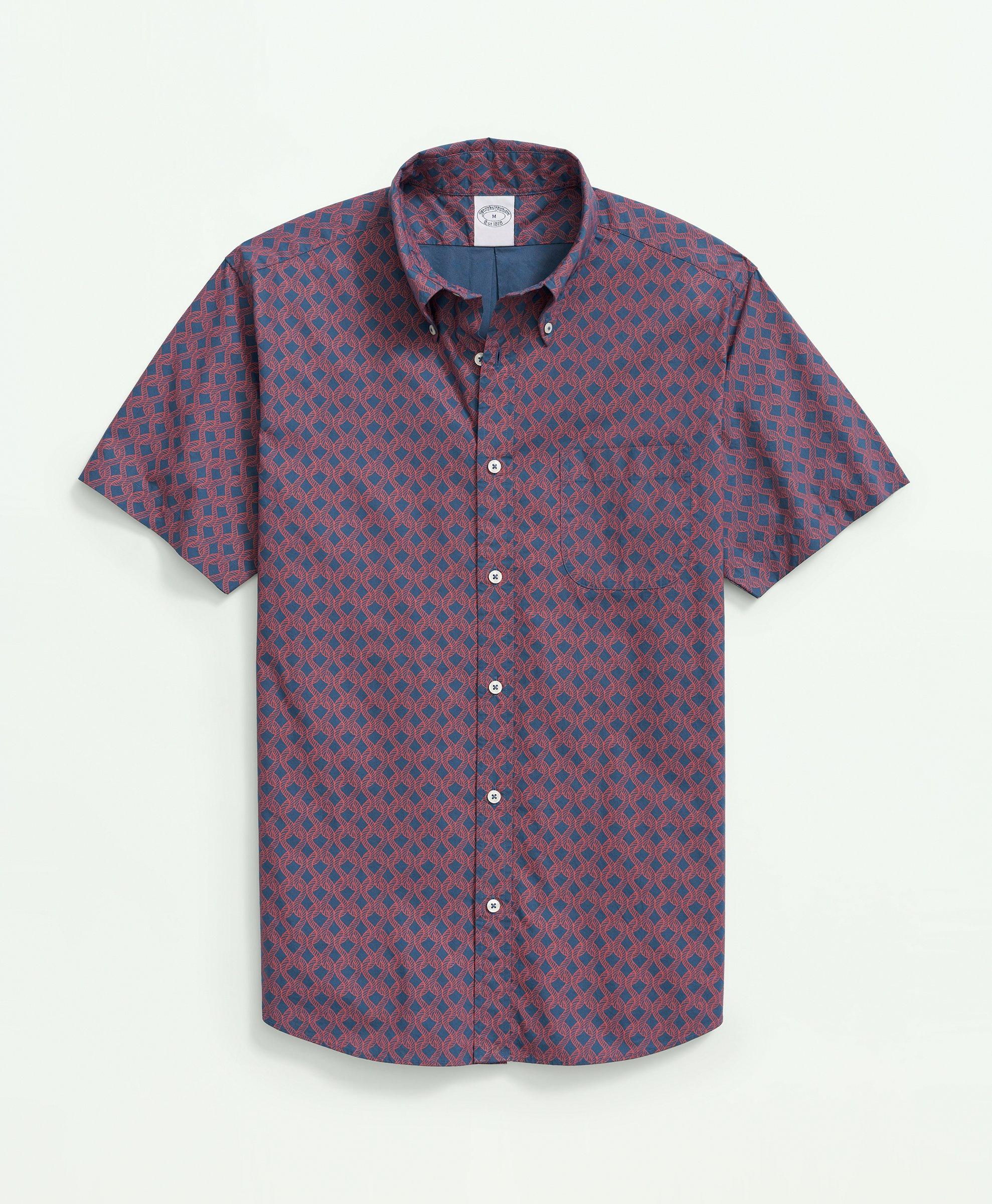 Cotton Poplin Button-Down Collar, Rope Print Short-Sleeve Sport Shirt