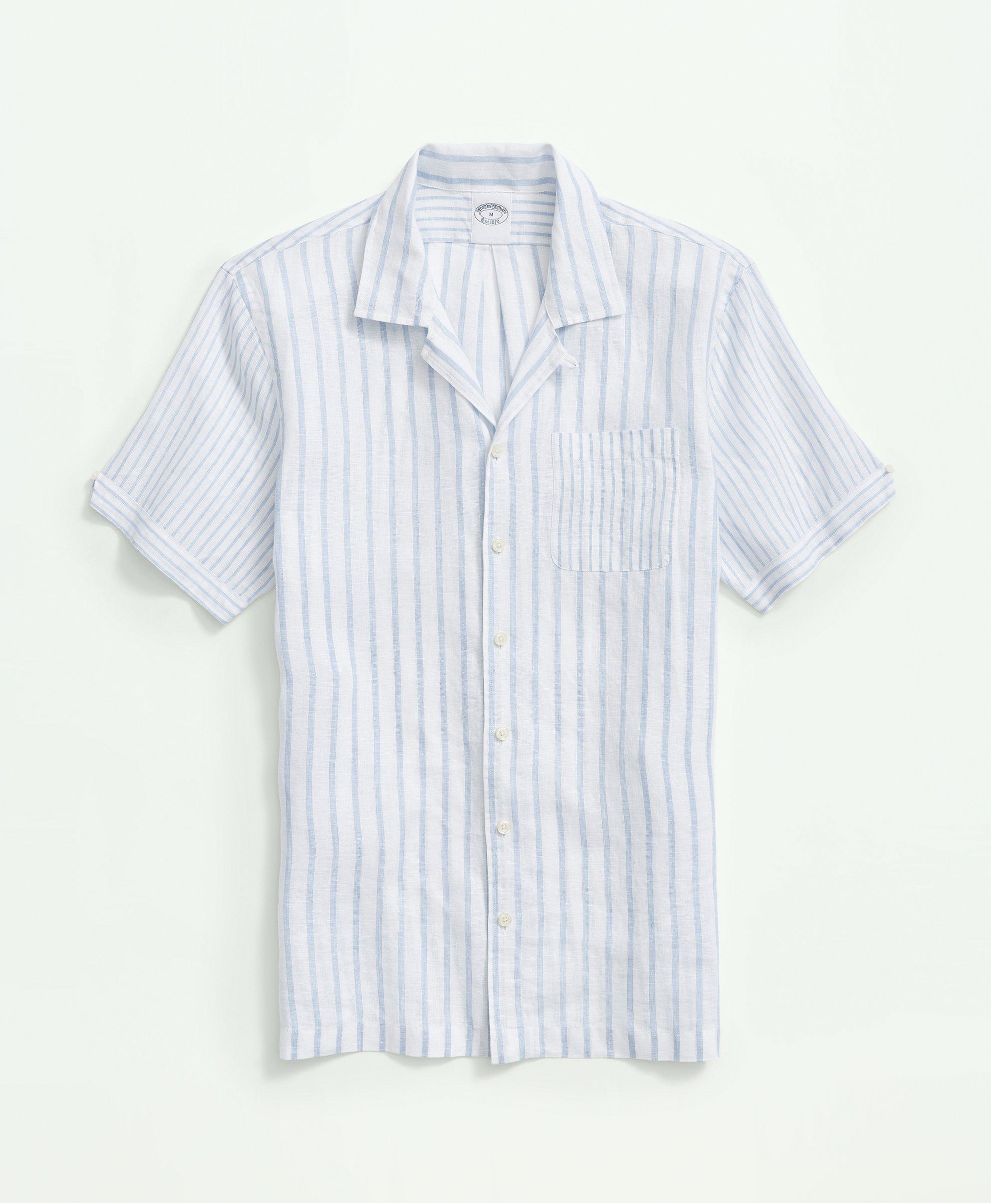 Lucky Brand Stripe Linen Short Sleeve Camp Collar Shirt