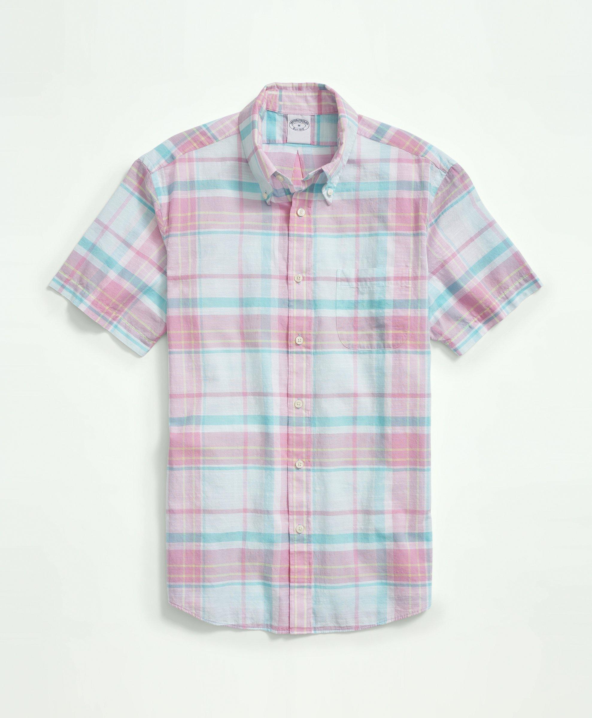 Washed Cotton Madras Button-Down Collar Short-Sleeve Sport Shirt, image 1