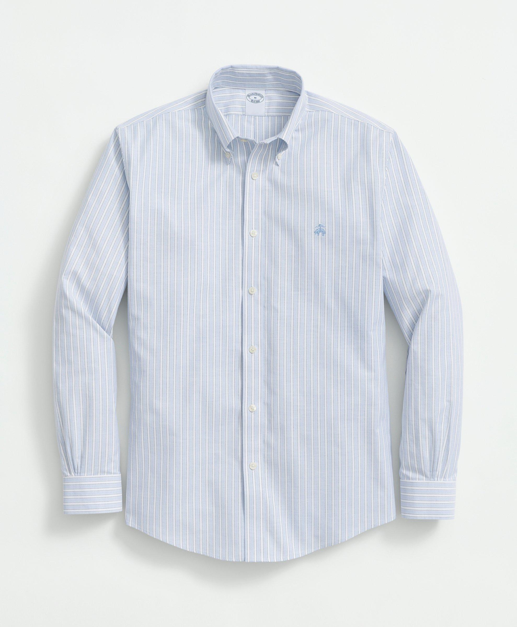 Brooks Brothers X MagnaReady Stretch Long Sleeve Blue and White Stripe Polo  Button-Down Collar with Magnetic Closures