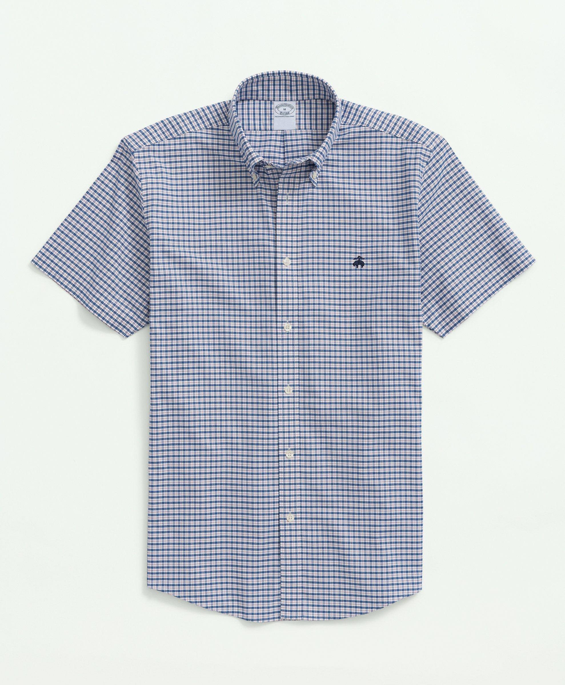 Stretch Non-Iron Oxford Button-Down Collar, Mini-Check Short-Sleeve Sport Shirt, image 1