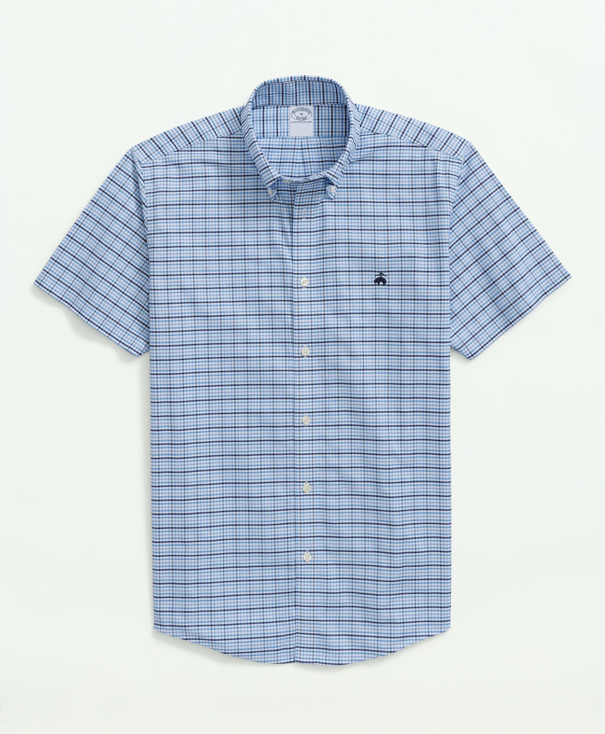 Stretch Non-Iron Oxford Button-Down Collar, Check Short-Sleeve Sport Shirt, image 1