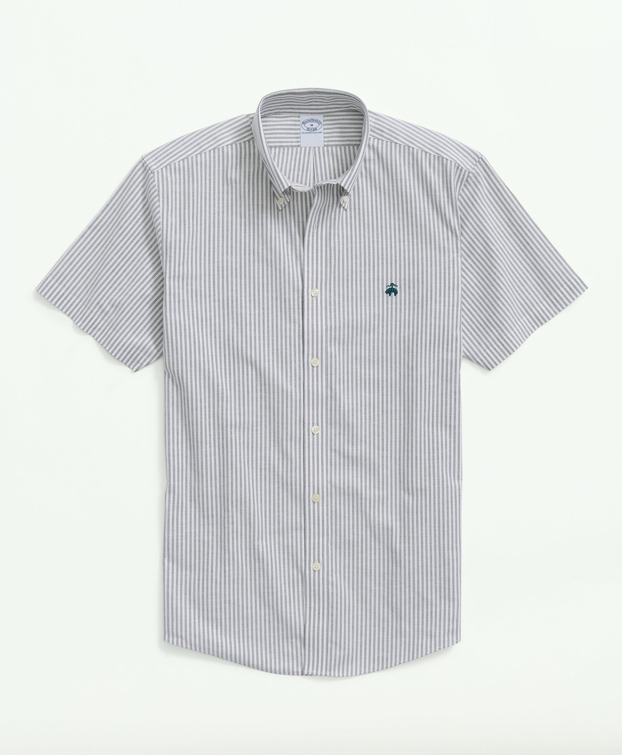 Stretch Non-Iron Oxford Button-Down Collar, Stripe Short-Sleeve Sport Shirt, image 1