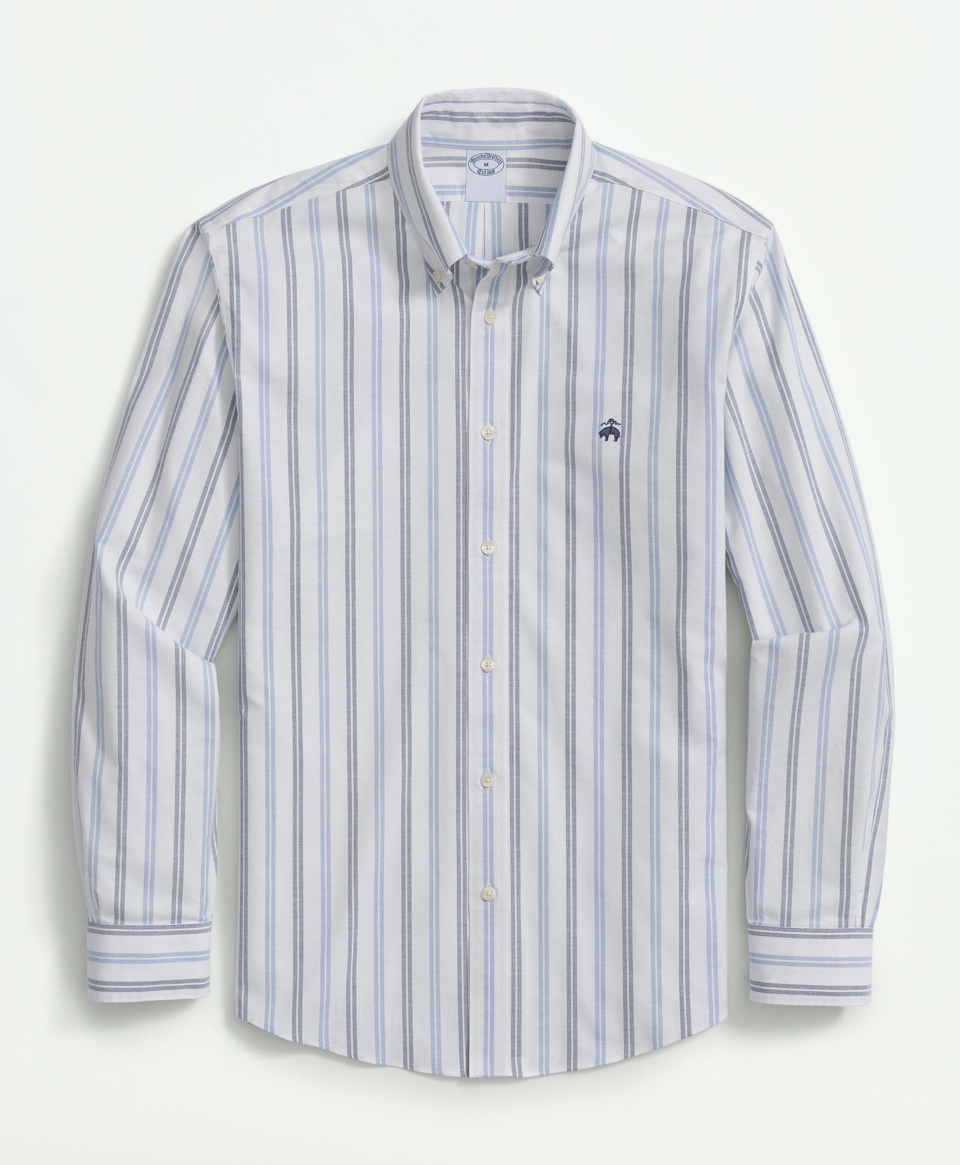 Stretch Non-Iron Oxford Polo Button Down Collar, Double Striped Shirt