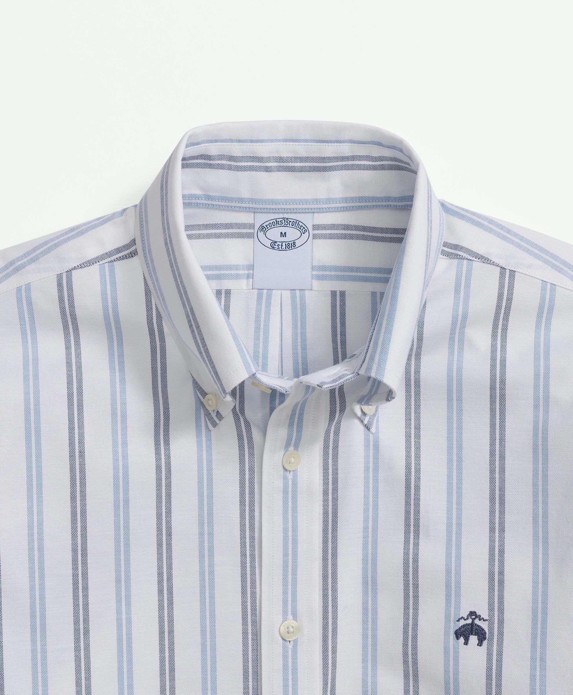 Brooks Brothers Men's Stretch Non-Iron Oxford Polo Button Down Collar, Double Striped Shirt | Blue | Size Large