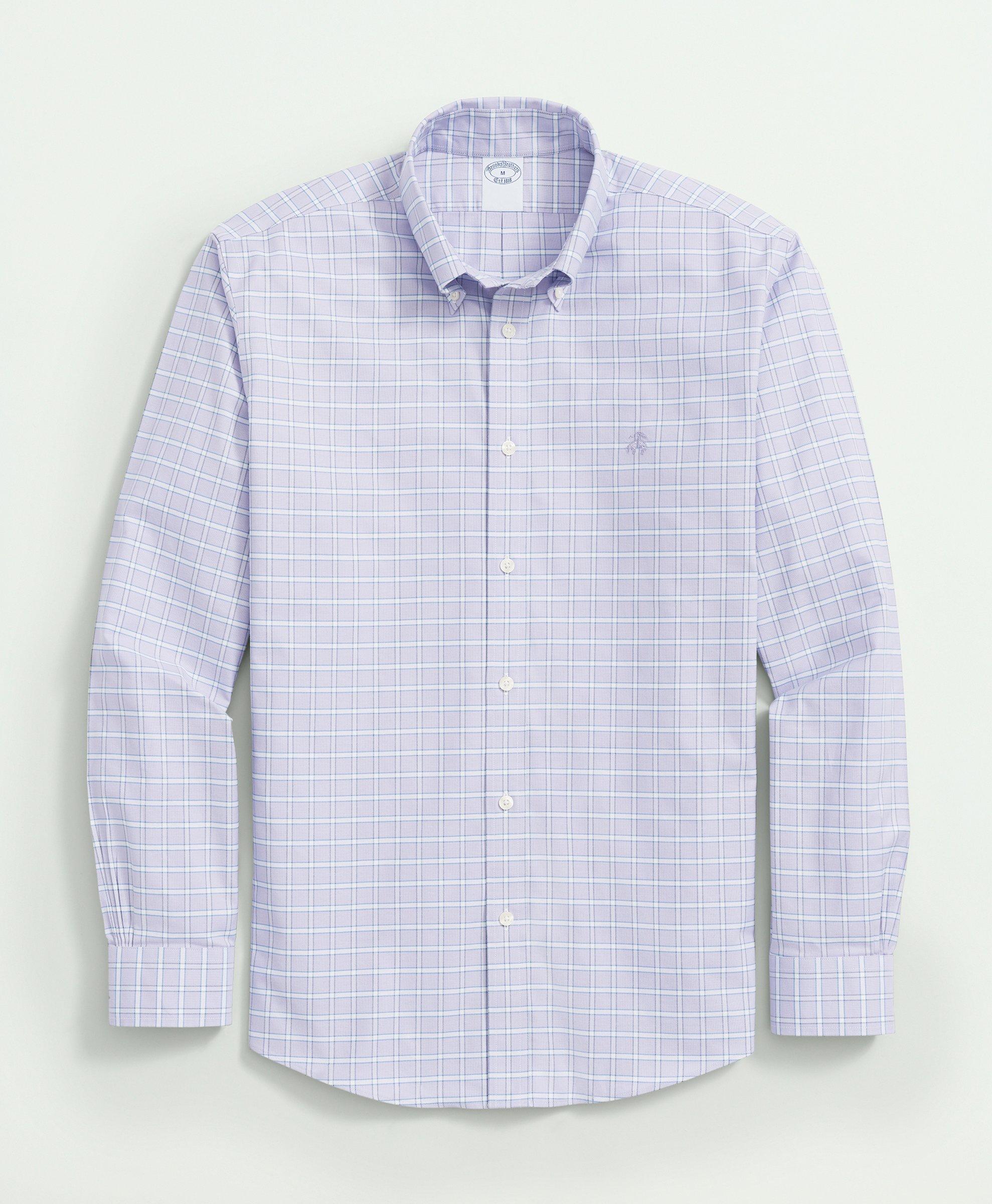 Stretch Cotton Non-Iron Oxford Polo Button Down Collar, Checked Shirt 