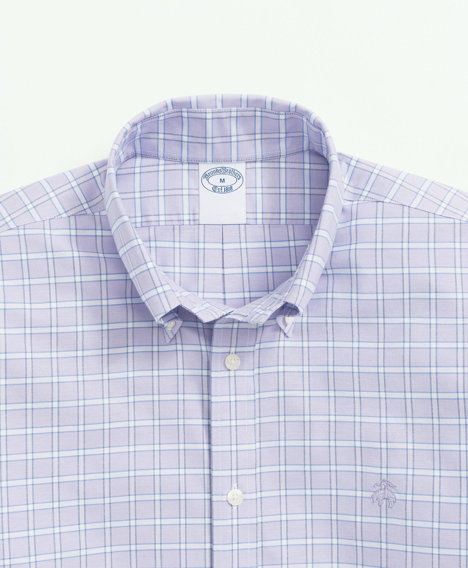 Stretch Cotton Non-Iron Oxford Polo Button Down Collar, Checked Shirt 