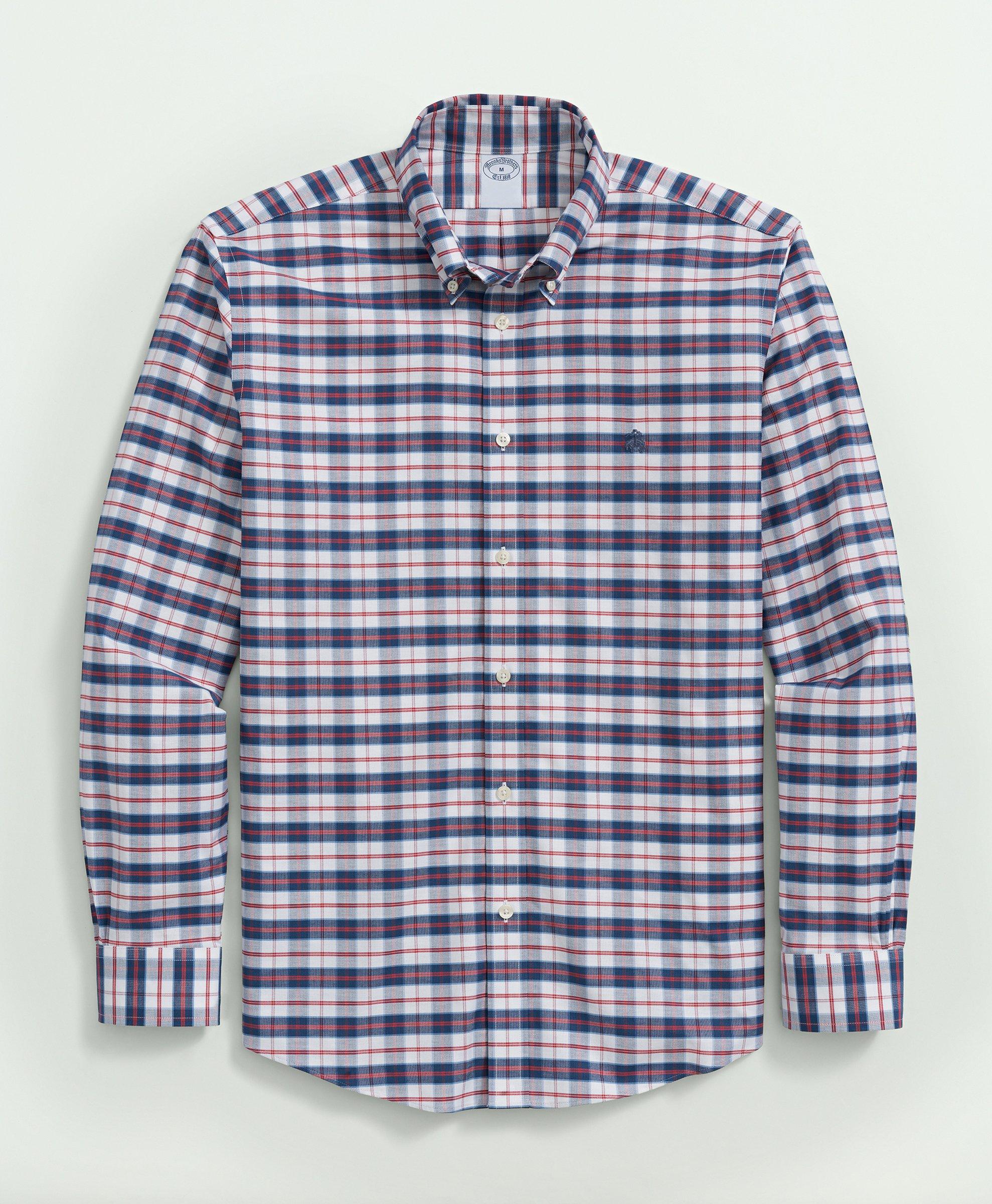 Stretch Non-Iron Oxford Polo Button-Down Collar, Checked Shirt