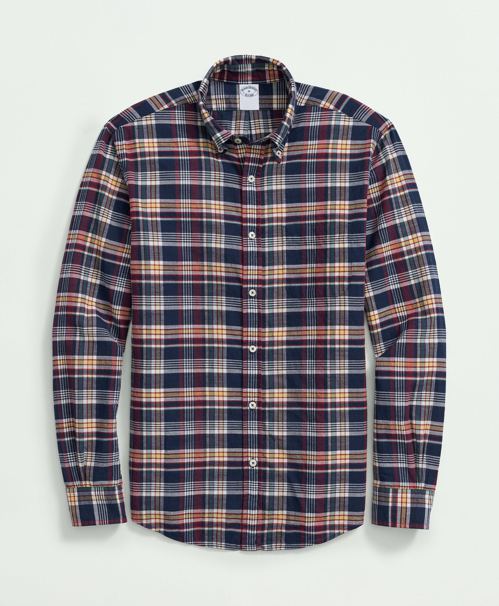 Washed Cotton Madras Button-Down Collar Sport Shirt