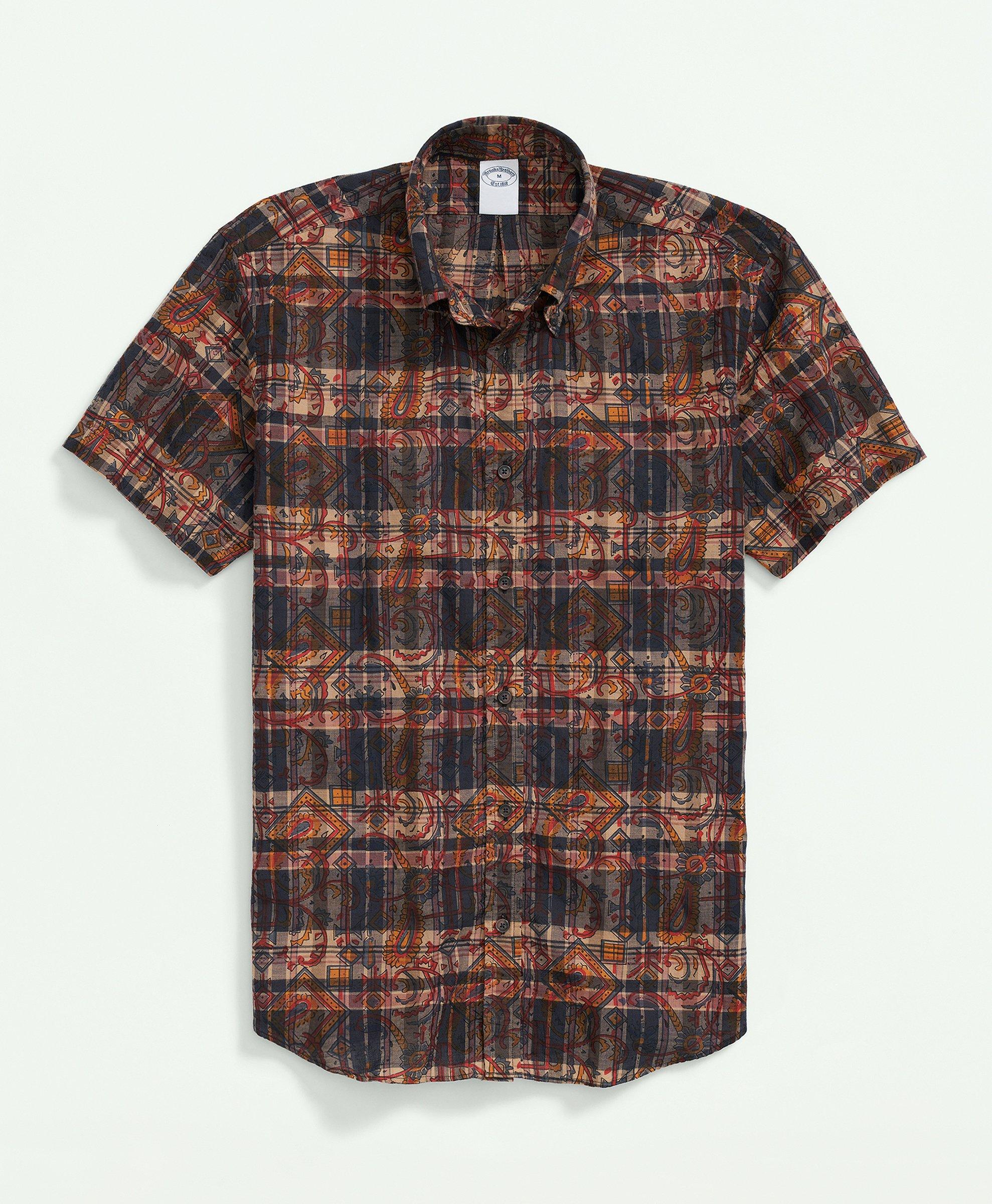 Cotton Madras Short Sleeve Button-Down Collar Sport Shirt