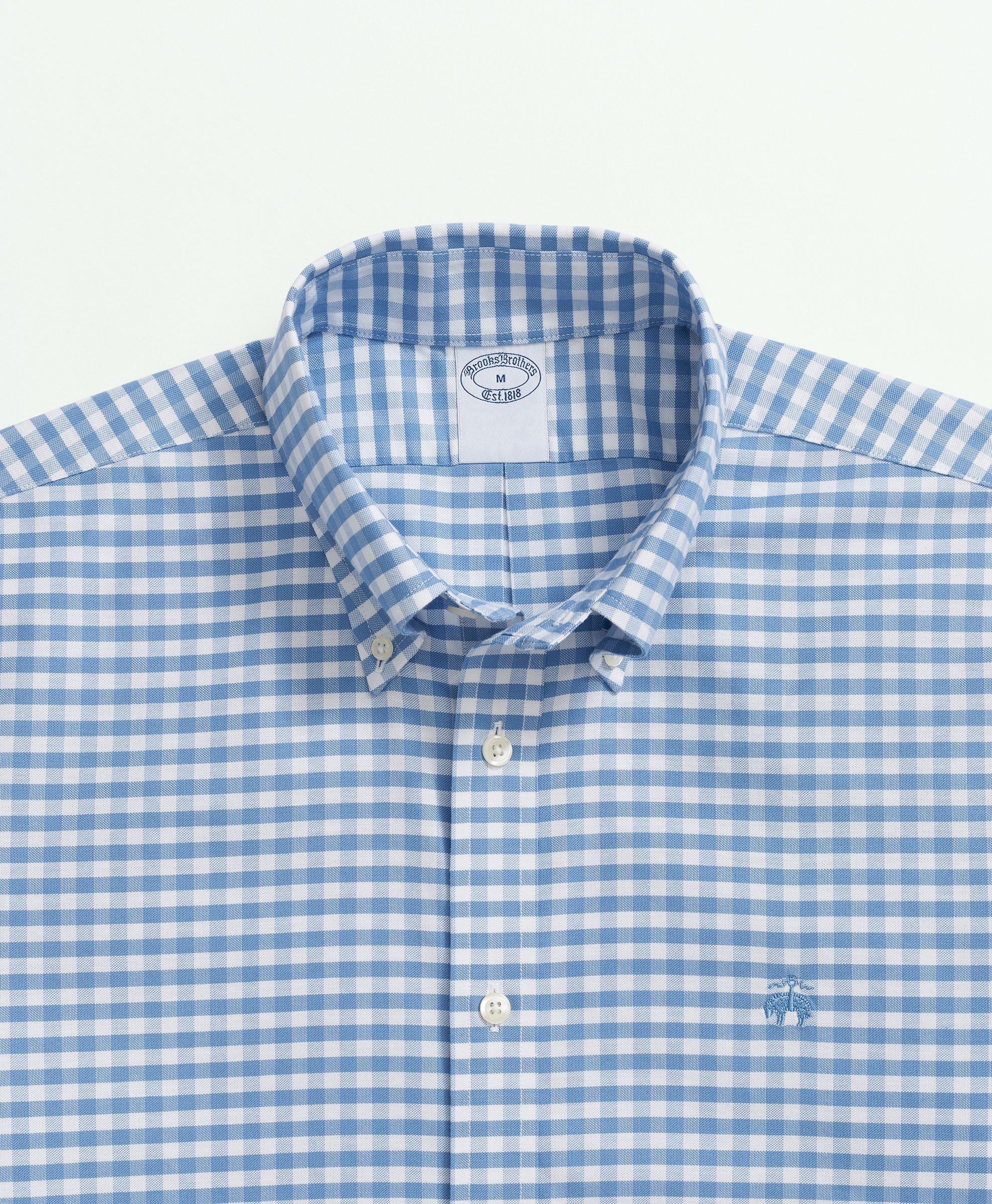 Stretch Cotton Non-Iron Oxford Polo Button Down Collar, Gingham Short-Sleeve  Shirt