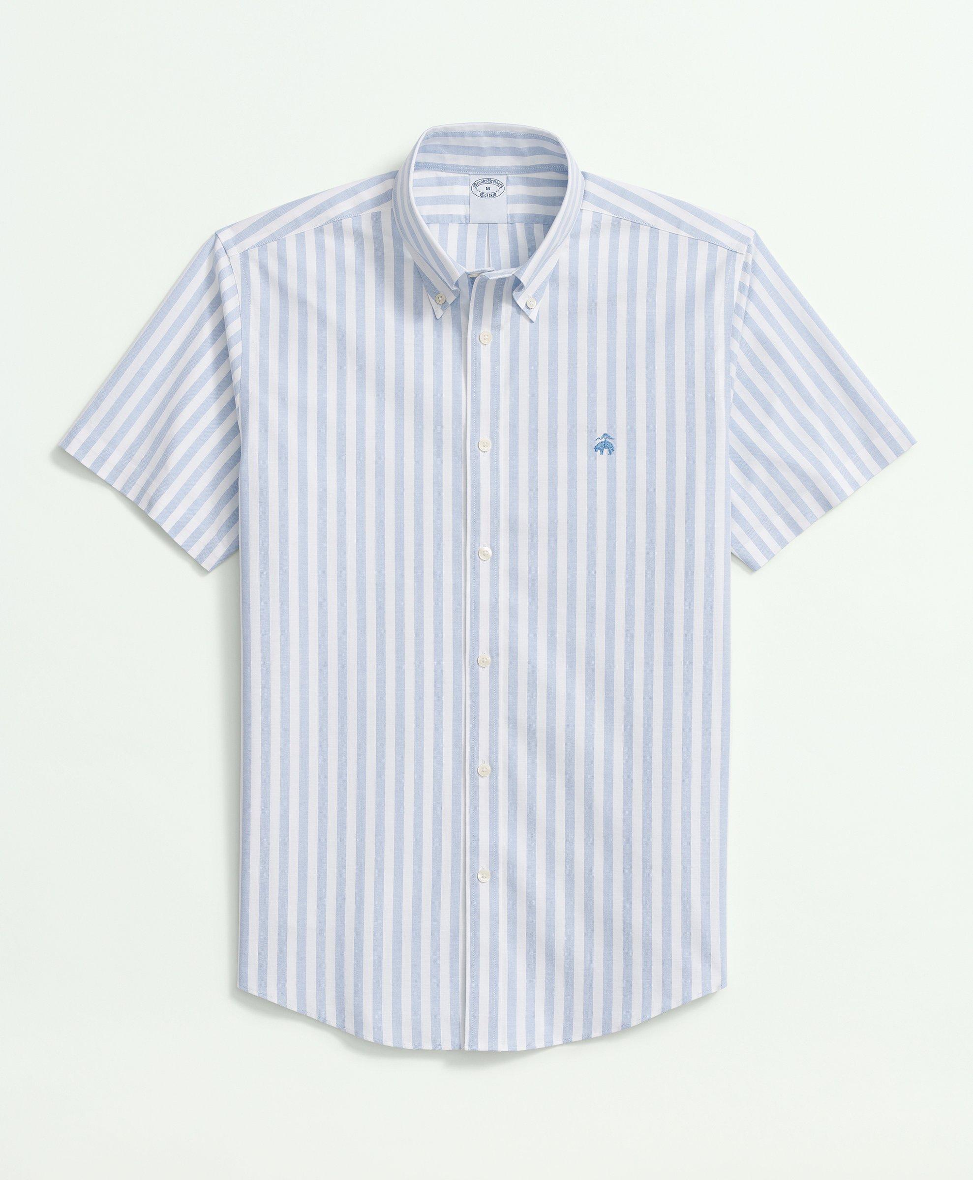 Stretch Cotton Non-Iron Oxford Polo Button Down Collar, Striped Short-Sleeve  Shirt