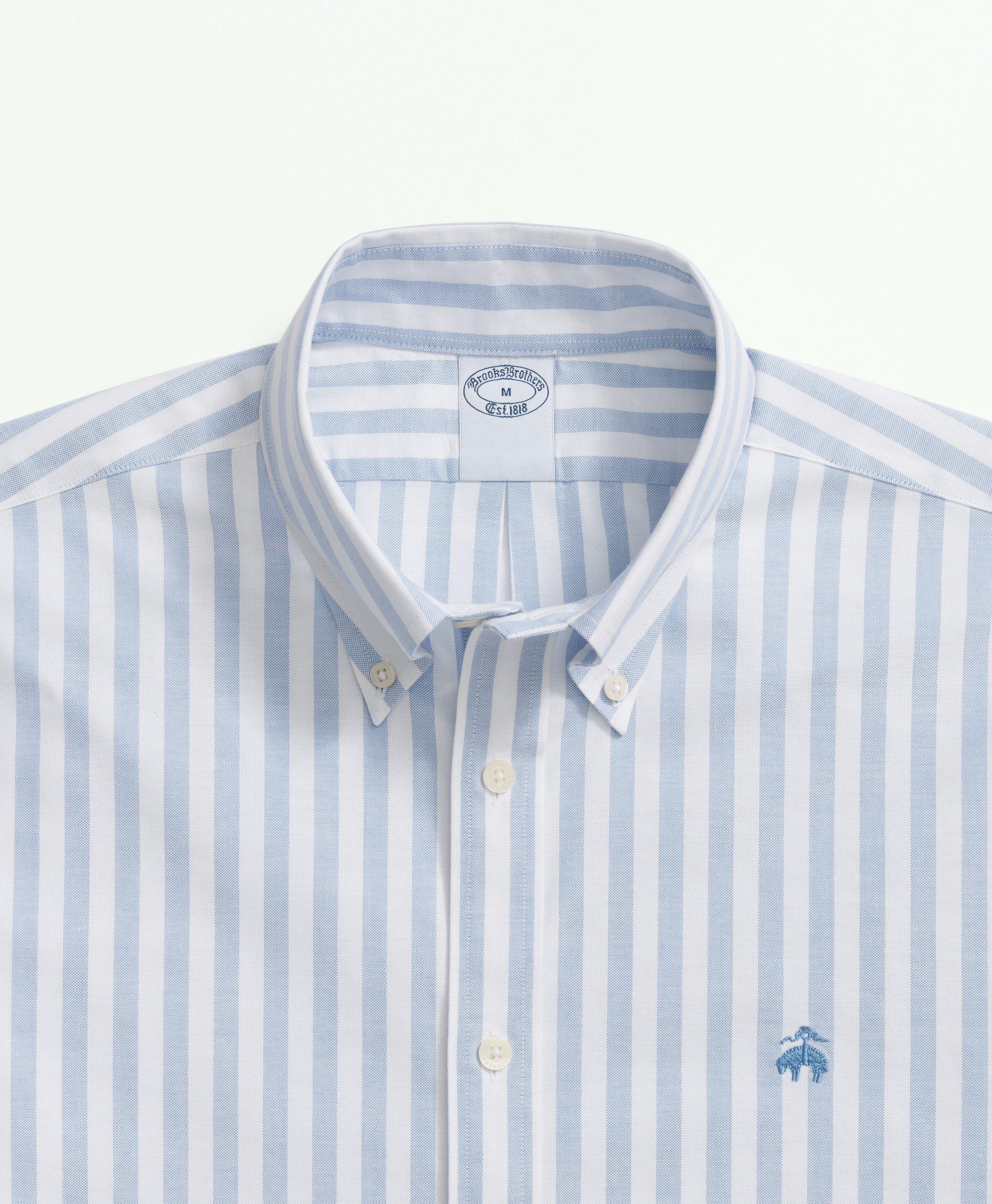 Stretch Cotton Non-Iron Oxford Polo Button Down Collar, Striped Short-Sleeve  Shirt